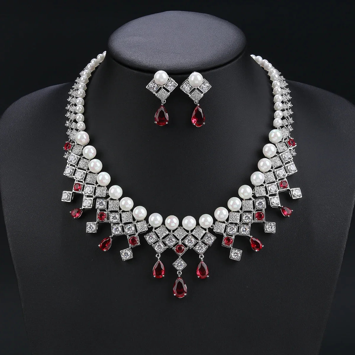 Luxury 2Pcs Pearl & Cubic Zirconia Necklace Earrings Set for Women - White, Red, Blue Jewelry for Wedding, Party & Special Occasions | Elegant Bridal & Evening Wear Accessories