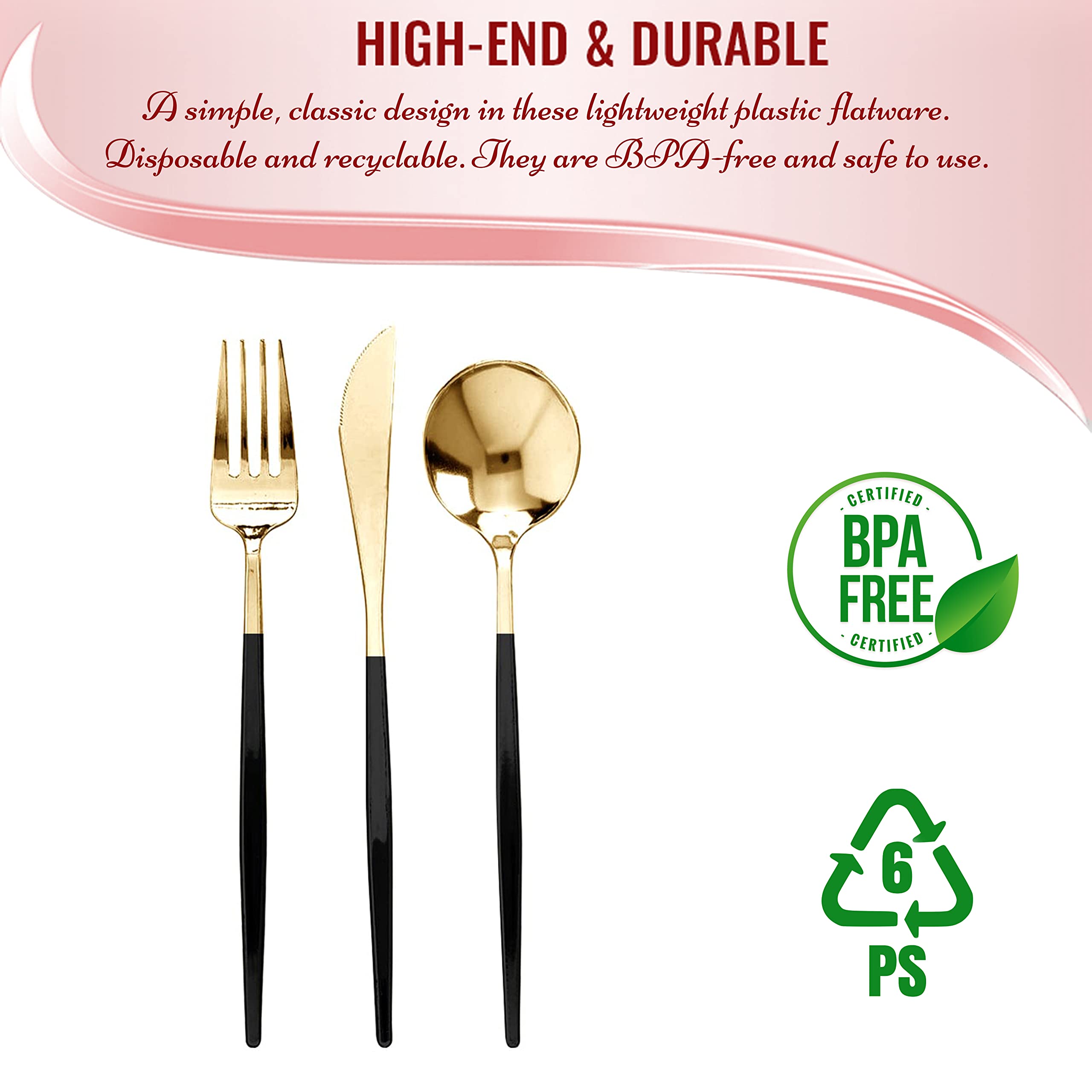 Premium Disposable Plastic Cutlery Set - Heavy Duty Flatware Silverware for Parties, Weddings & Events | Gold & Black Cutlery Set (240-Piece) - Perfect for Catering, Picnics & Outdoor Gatherings