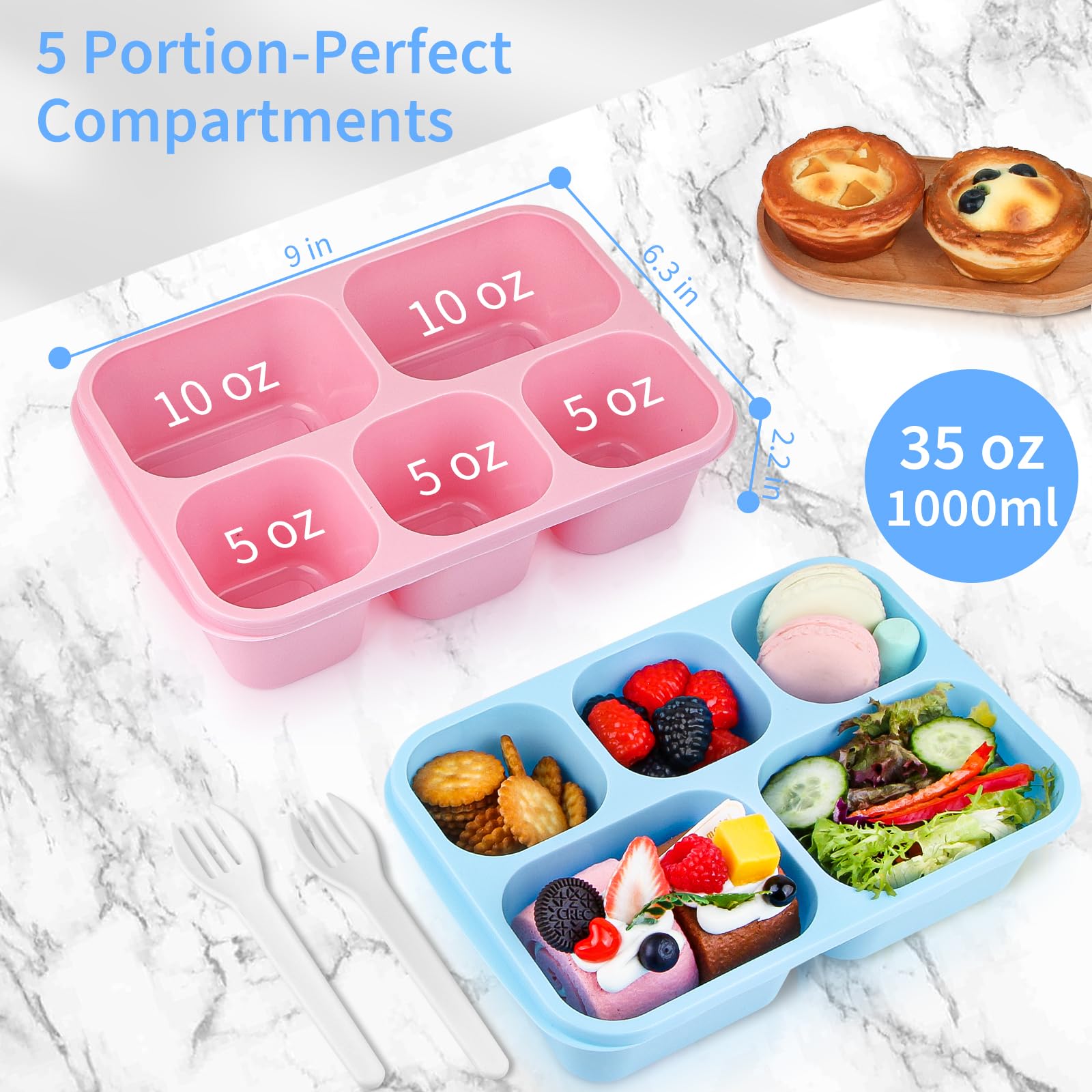 MaMix 5-Compartment Bento Lunch Box for Adults & Kids - Reusable Stackable Food Containers with Utensils (4-Pack, Macarons) - Perfect for School Lunches, Office Meals, Picnics & Travel