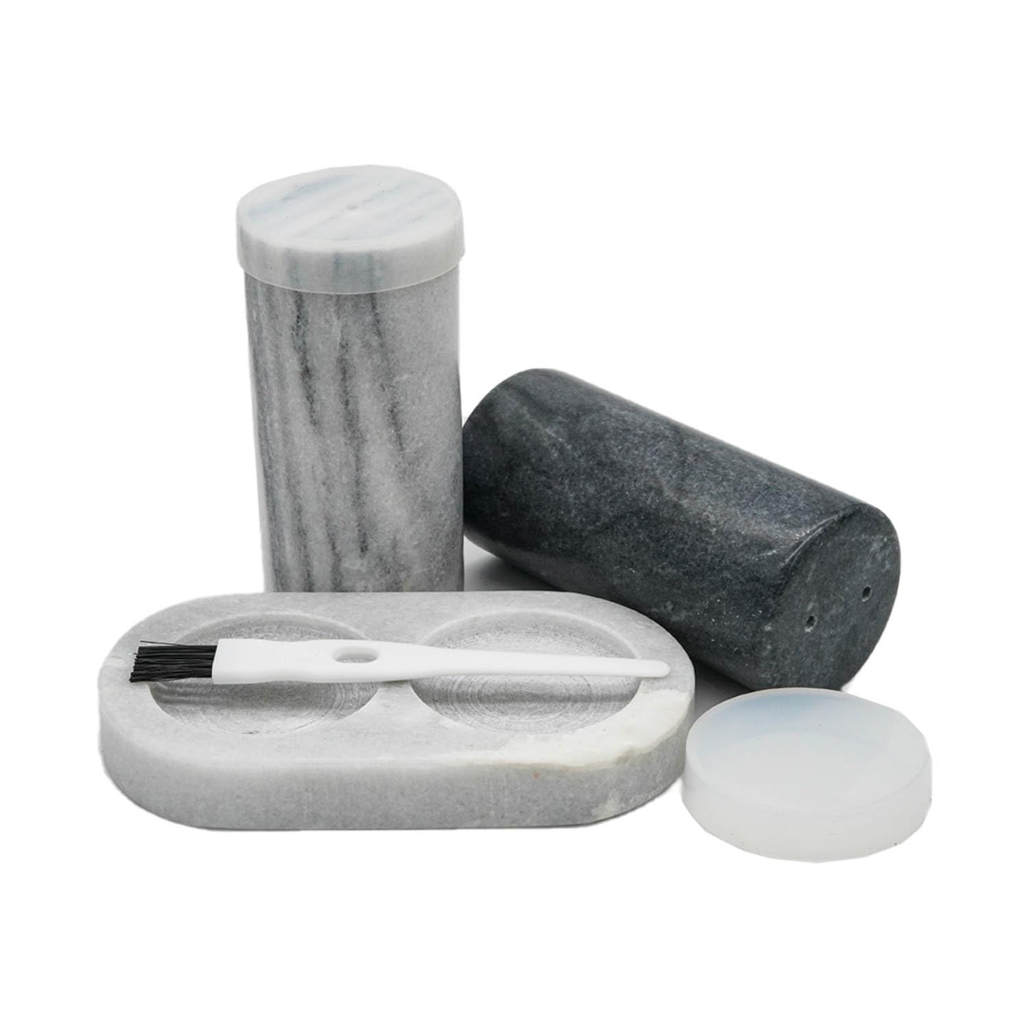 Premium Marble Salt and Pepper Shaker Set - Elegant Black & White Natural Marble with Matching Tray, Silicone Lids & Cleaning Brush - Luxury Kitchen Decor & Housewarming Gift for Dining Table, Kitchen Counter, and Wedding Registry