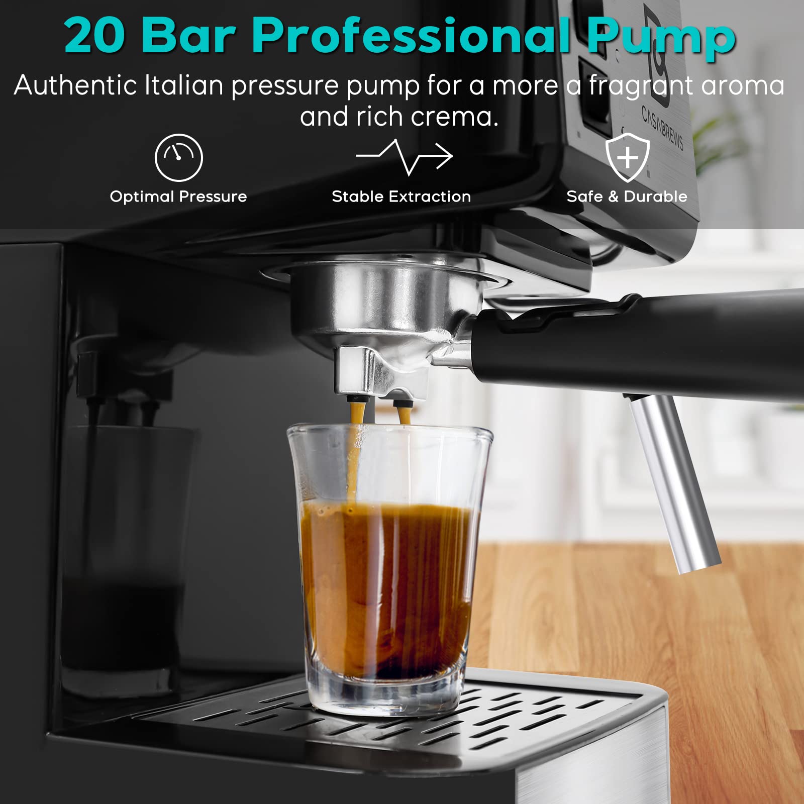 **Casabrews Espresso Coffee Machine with Milk Frother Wand - 15 Bar Pump Pressure, Detachable Water Tank, Professional Barista & Home Use - Perfect for Lattes, Cappuccinos & Cafe-Style Drinks (Black/Silver)**
