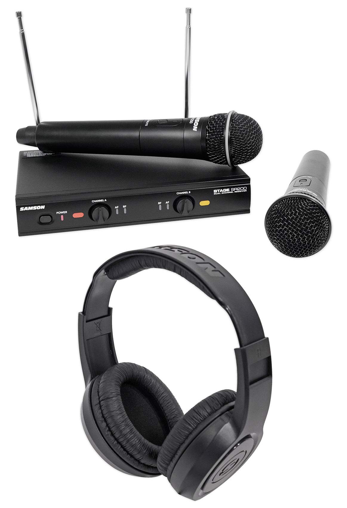 Samson Stage 200 Dual VHF Handheld Wireless Microphones with Headphones for Live Performances, Karaoke, and Band Practice - Professional Wireless Mic System for Singers and Musicians
