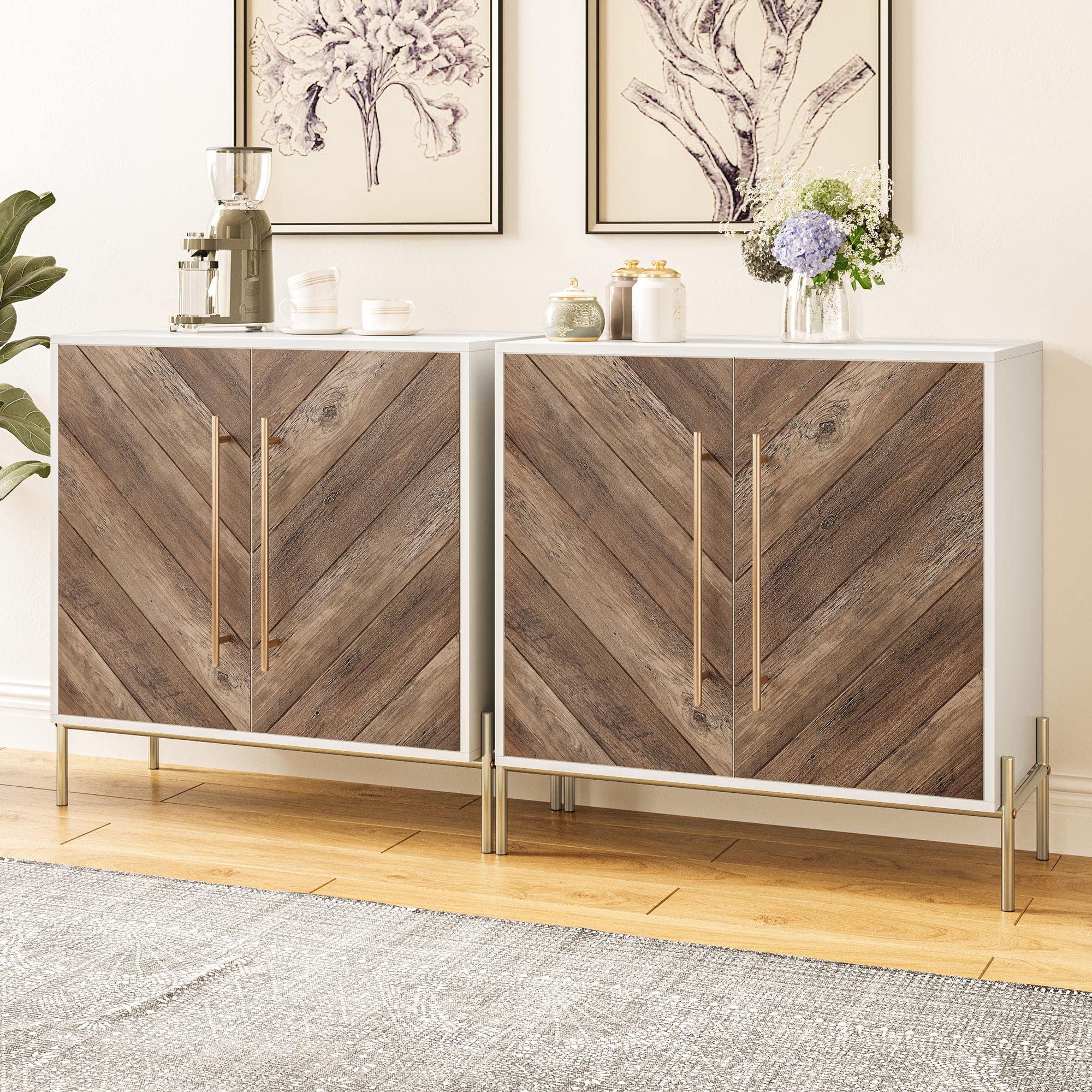 BELLEZE 32 Inch Rustic Oak Sideboard Buffet Cabinet - Large Storage Accent Cabinet with Console Table, Coffee Bar Table for Living Room, Kitchen or Entryway - Perfect for Home Organization & Entertaining Guests