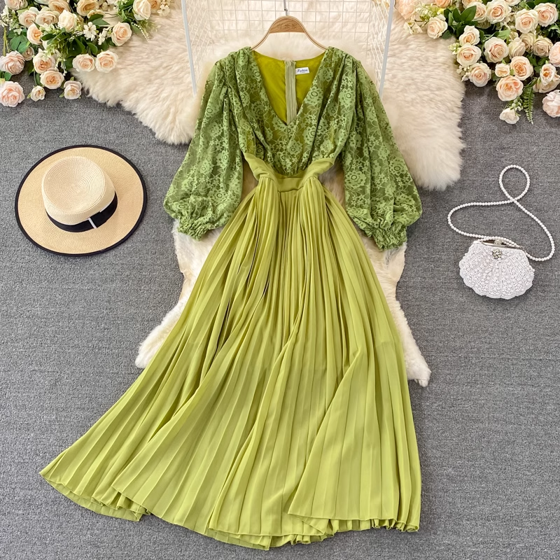 Elegant Autumn Long Sleeve V-Neck Lace Pleated Midi Dress for Women | Fall Wedding Guest Outfit & Holiday Party Dress