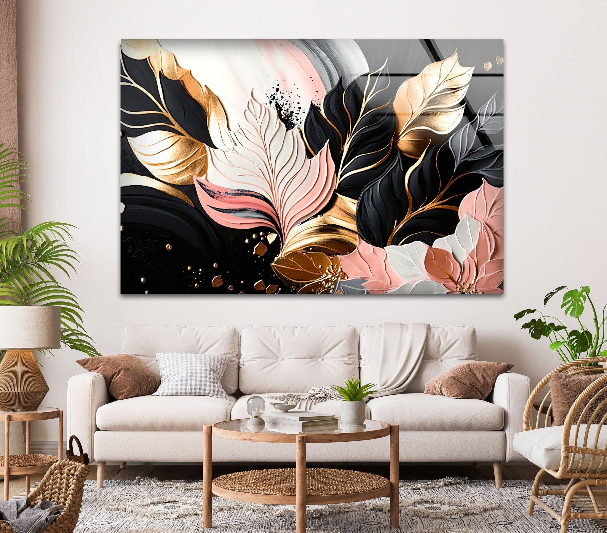 Abstract Pink Gold Leaf Glass Wall Art - Modern Home Decor for Living Room, Bedroom & Office - Elegant Handmade Artwork for Gifts & Interior Design