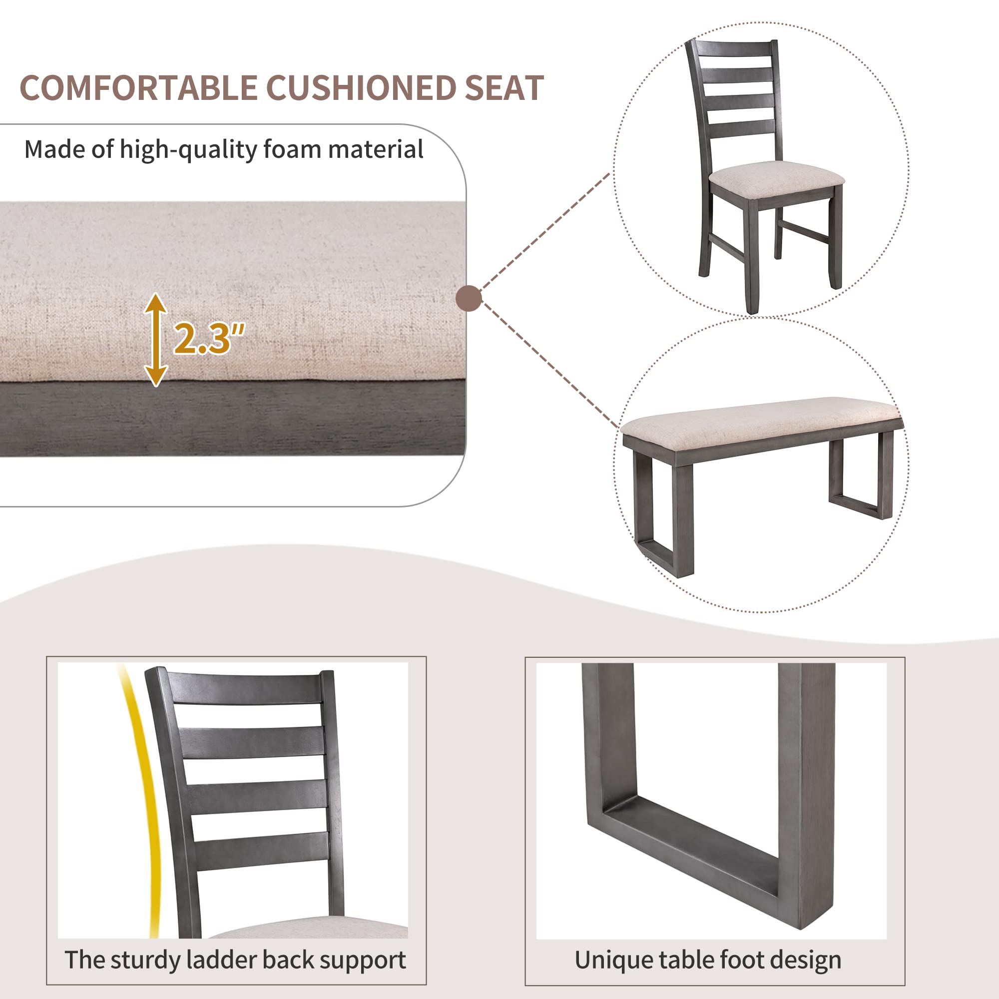 **6-Person Kitchen Dining Set with Table, 4 Chairs & Bench - High-Density Cushion Seating - Perfect for Family Meals, Entertaining & Small Spaces**