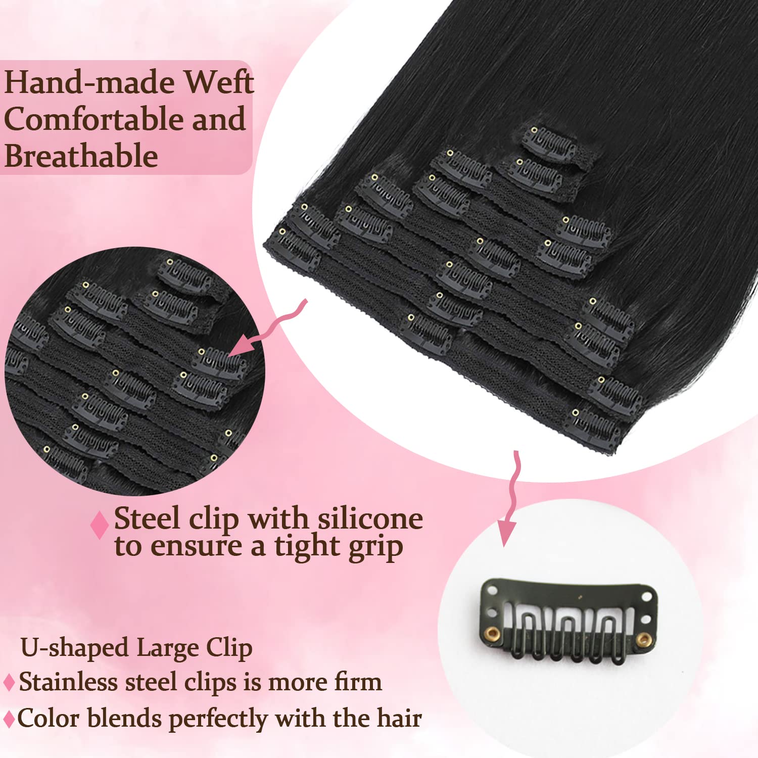 Jet Black Clip in Human Hair Extensions 20 Inch - 8pcs 120g Silky Straight Natural Hair - Real Human Hair for Styling & Volume - Perfect for Parties, Weddings & Daily Wear (#1)