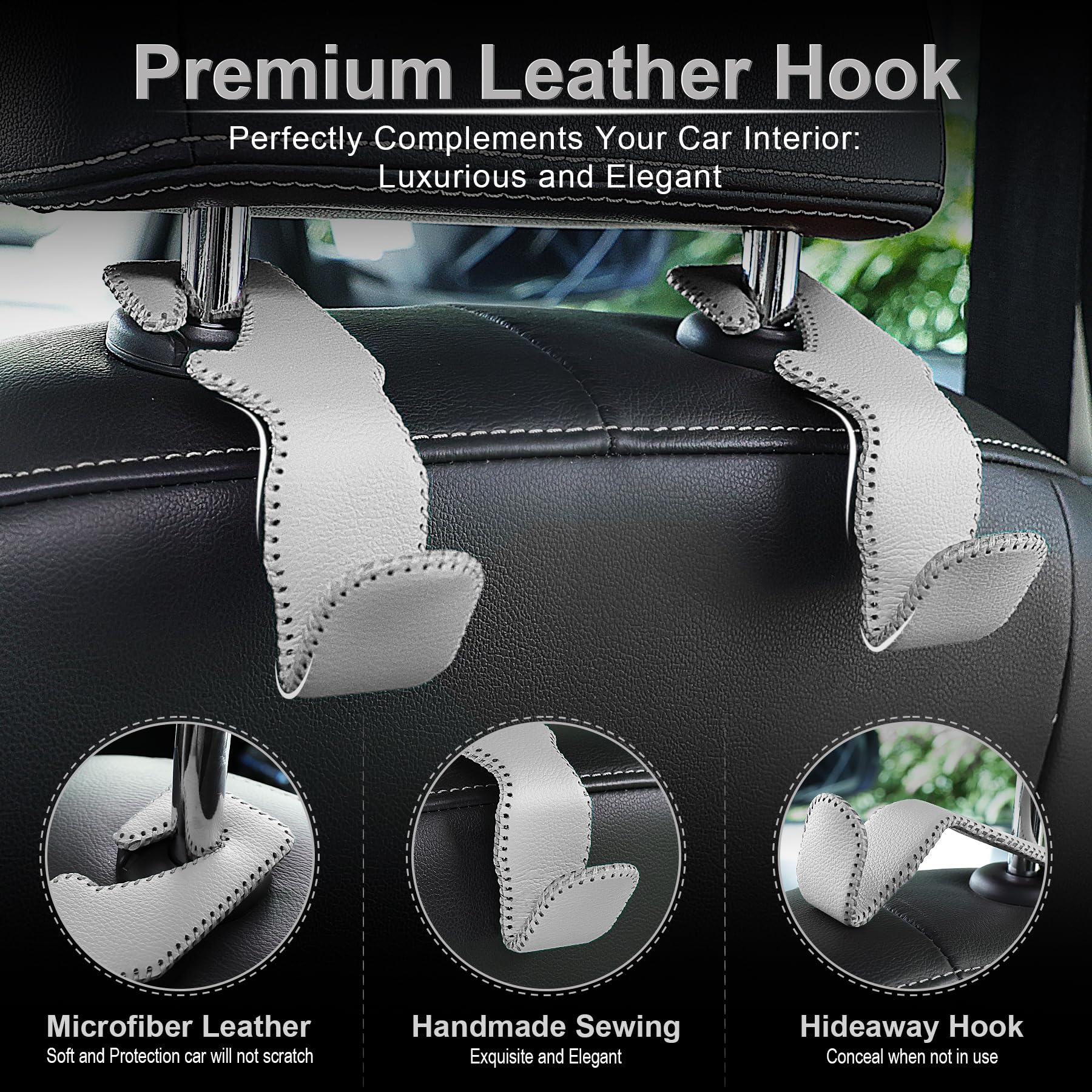 Premium Leather Car Seat Back Hook Hanger - 2 Pack, Gray - Heavy Duty Auto Seat Organizer for Purse, Coat, Umbrella & Grocery Bags - Perfect for Road Trips, Commuting & Shopping