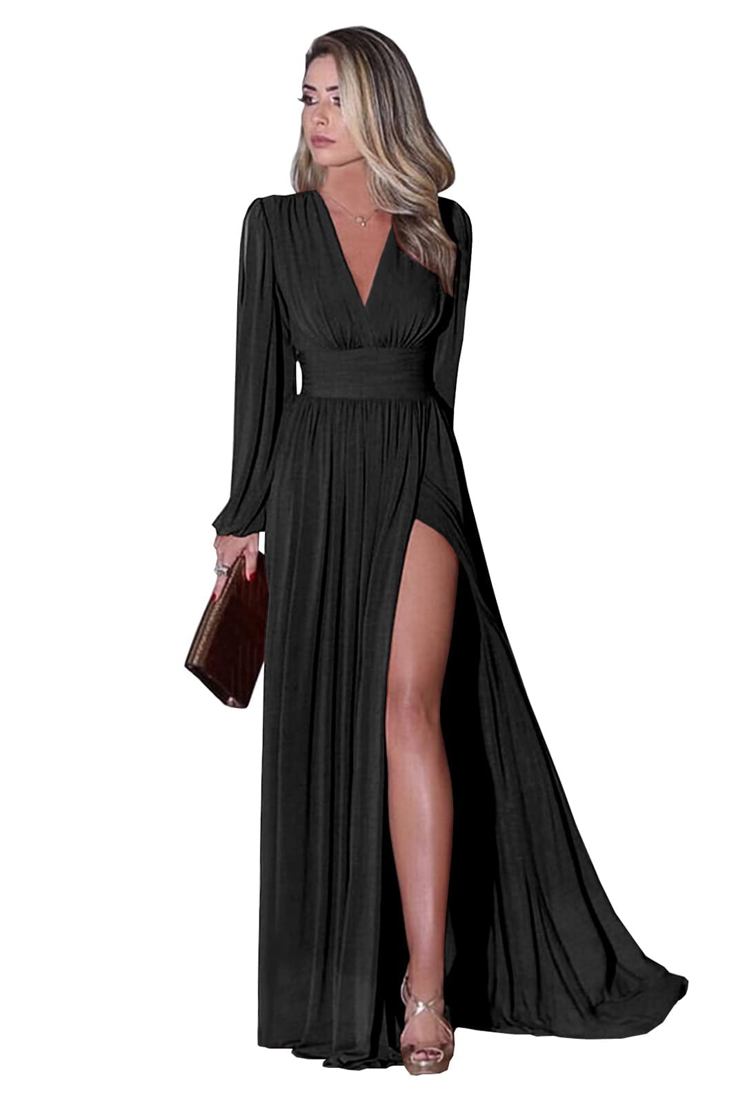 Elegant Women's Long Sleeve Chiffon Prom Dress - V-Neck Formal Bridesmaid Gown for Wedding Guest & Special Occasions | Perfect for Evening Parties, Cocktail Events & Black Tie Gatherings