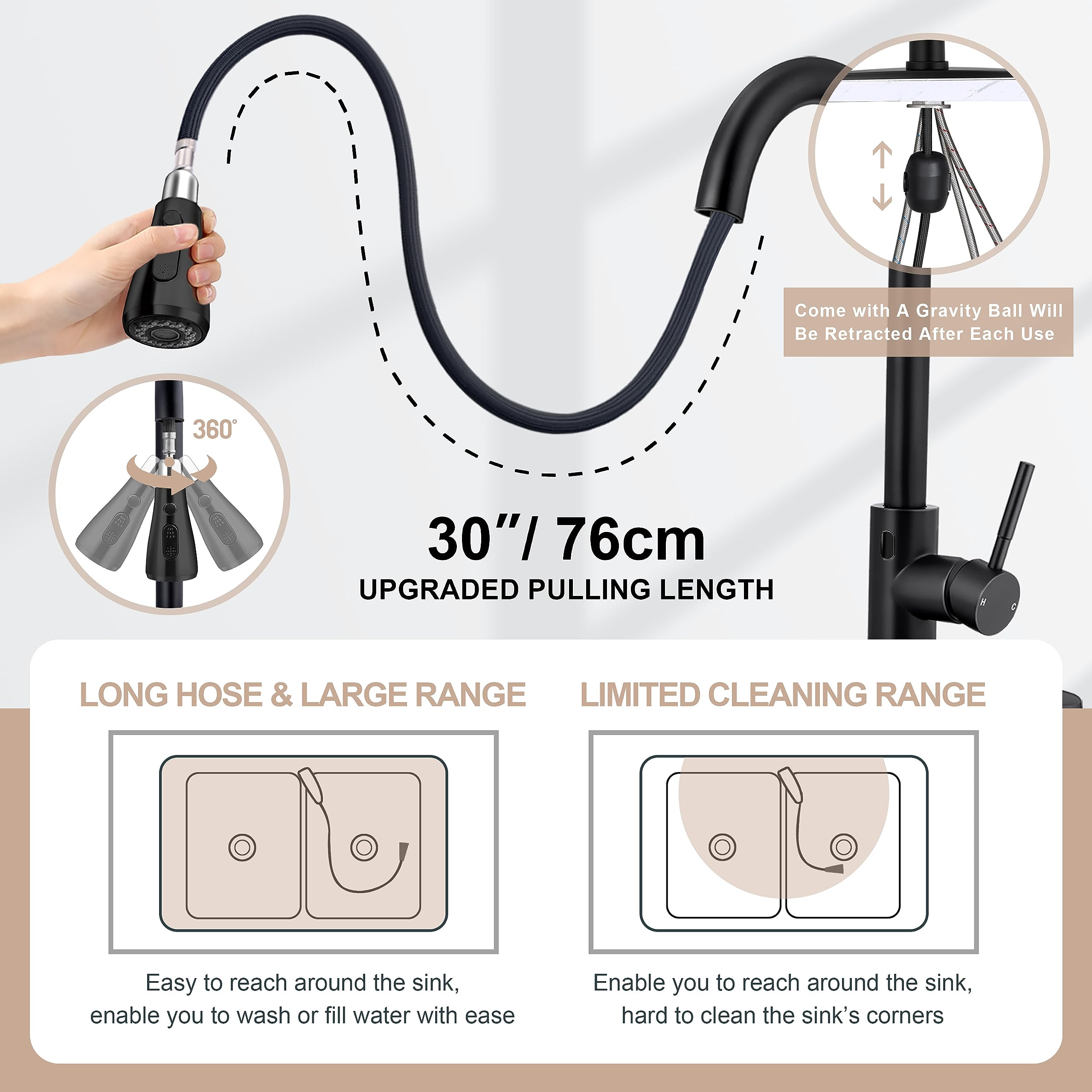 Herogo Matte Black Touchless Kitchen Sink Faucet with Motion Sensor & Pull Down Sprayer - Smart Sensor Activated, Soap Dispenser Included - Perfect for Farmhouse, RV, and Modern Kitchen Sinks