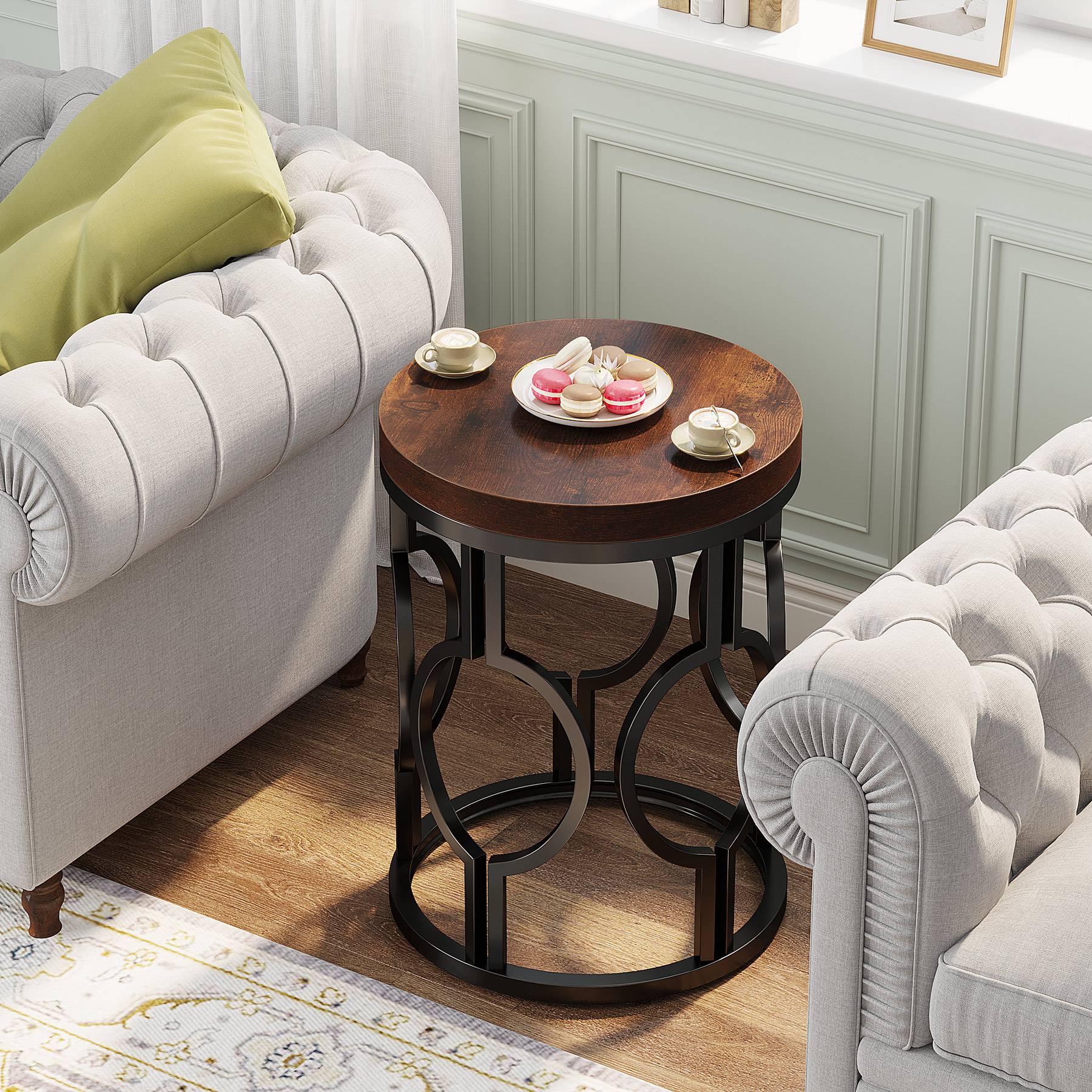 Industrial Round End Table with Metal Hollow Frame - Sturdy Side Table for Living Room, Bedroom, or Office Decor