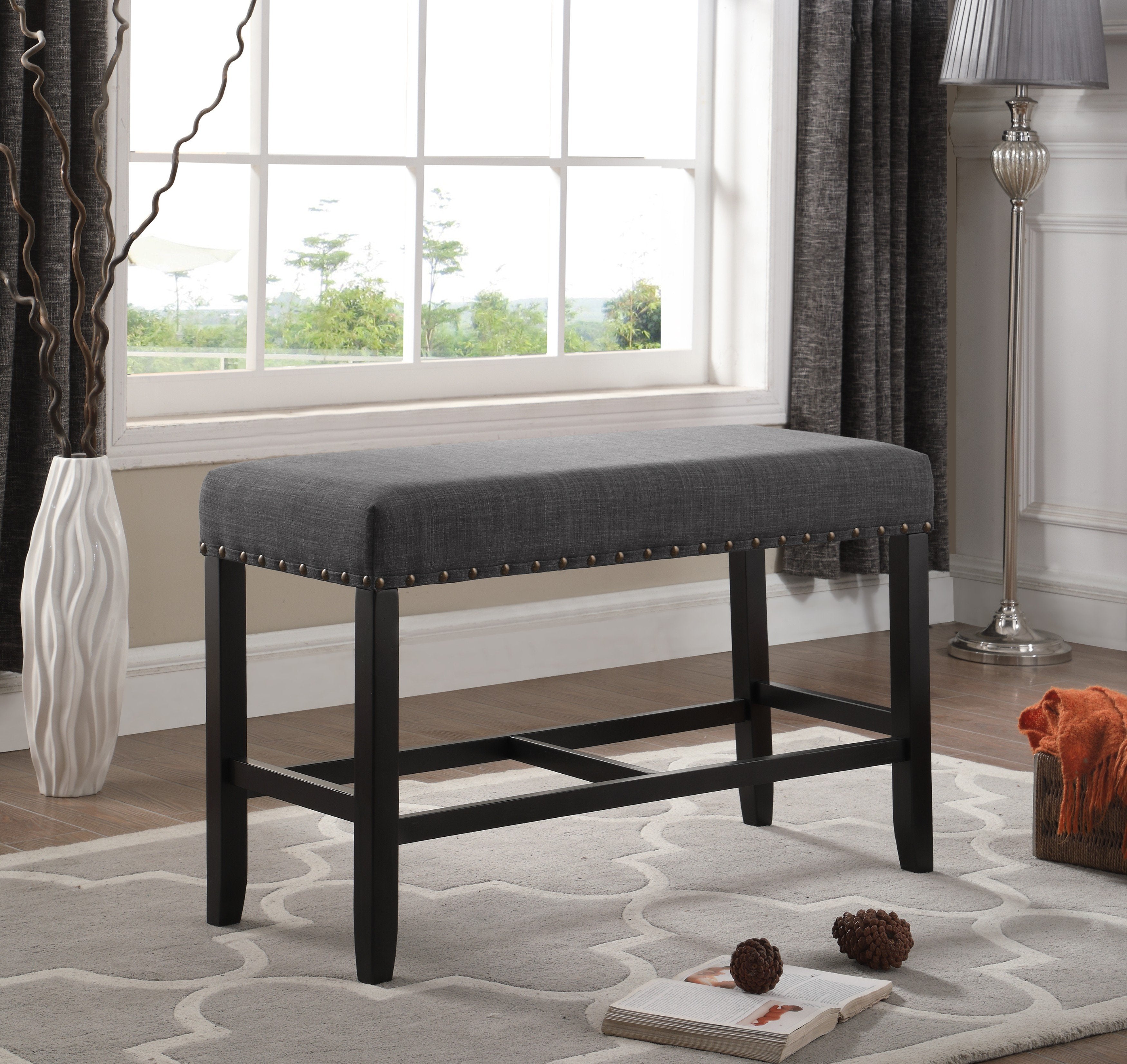 Roundhill Furniture Biony Fabric Counter Height Dining Bench with Nailhead Trim, Grey - Stylish Bar Stool for Kitchen Island, Breakfast Nook & Small Space Dining