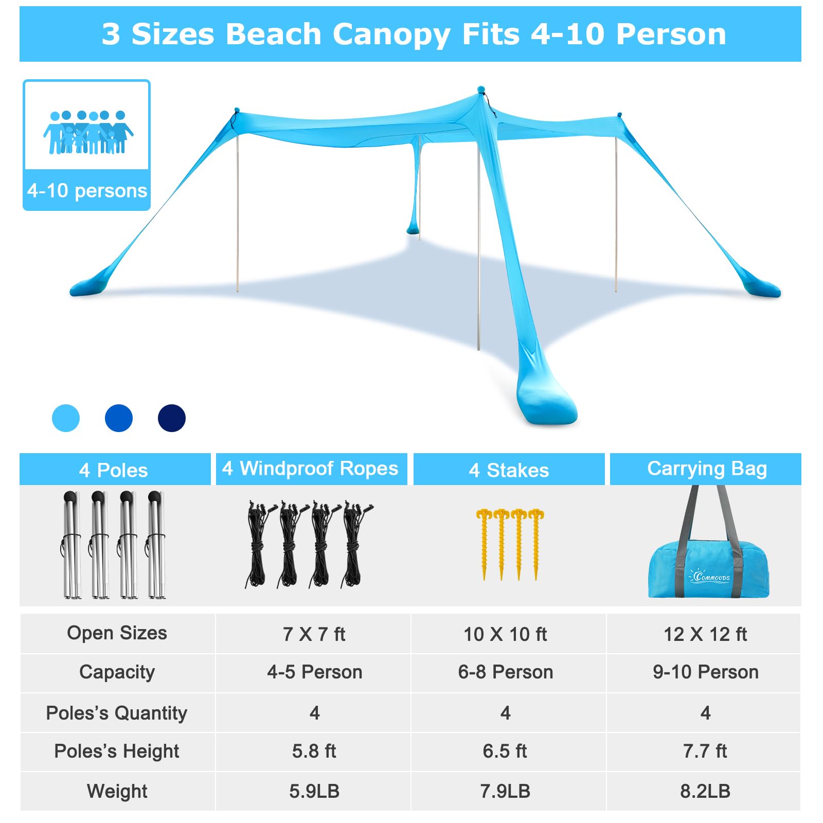 COMMOUDS UPF50+ Pop Up Beach Tent Sun Shelter with Sandbags, Sand Shovel & Windproof Poles - Portable Sun Shade for Beach, Camping, Picnics, Backyard - Perfect for Family Outings, Summer Vacations & Outdoor Adventures