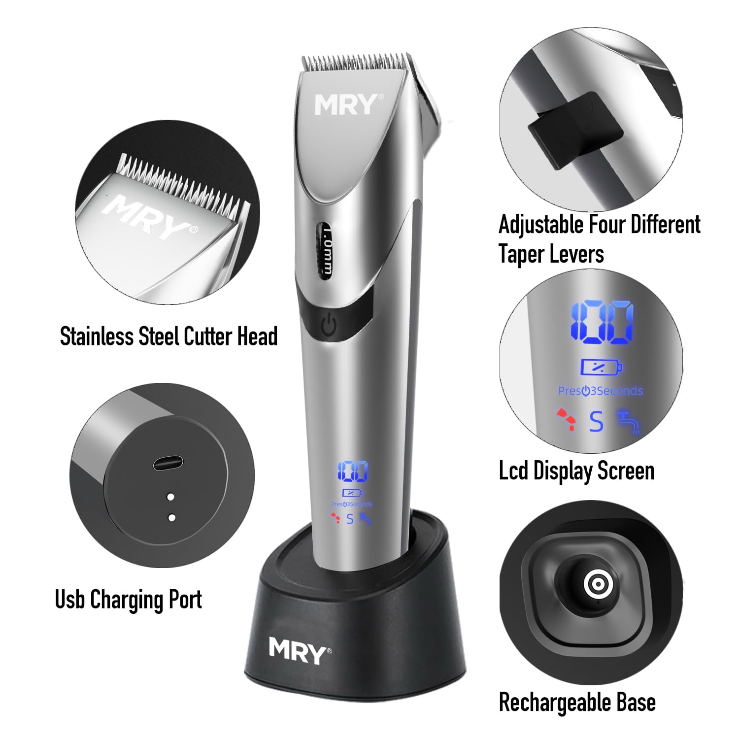 Professional Cordless Hair Clippers for Men & Women - MRY Barber Clippers with Stainless Steel Blades, Waterproof Design & LCD Display, USB Rechargeable Trimmer for Home Haircuts (Silver) - Perfect for DIY Haircuts, Beard Trimming & Grooming at Home or Salon Use