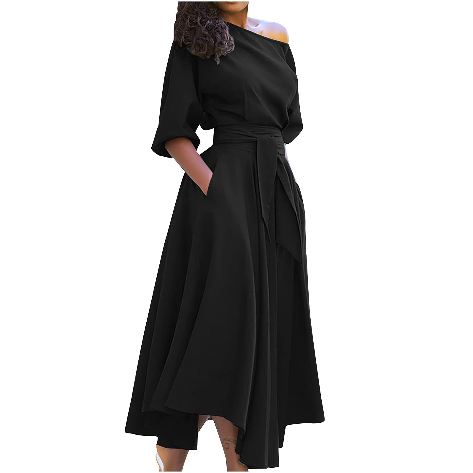 CrazyPig Women's Summer Casual Half Sleeve Belted Midi Dress with Pockets - Solid Color Flowy Dress for Beach, Vacation & Everyday Wear