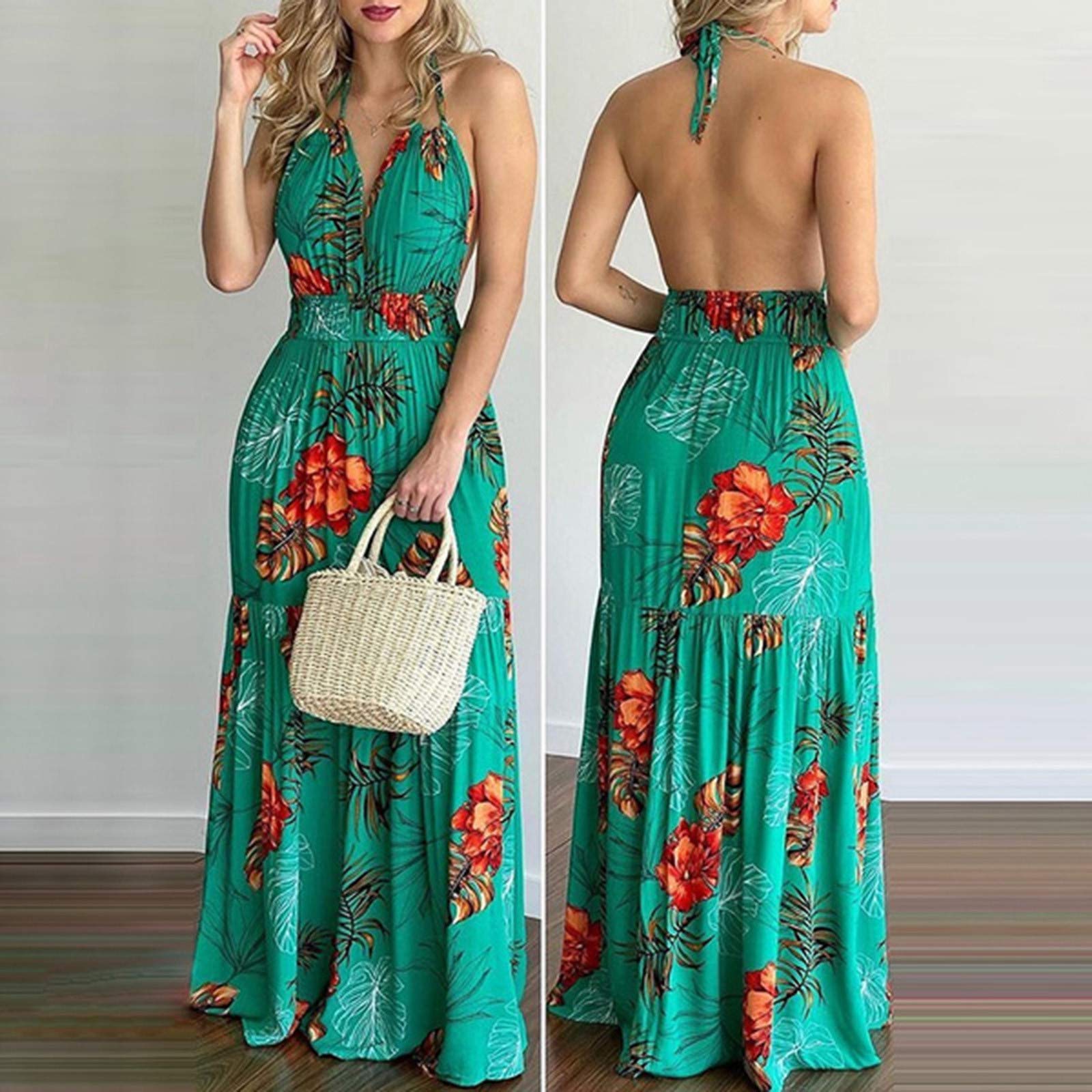 Women's Tropical Print Halter Backless Maxi Dress - Sexy Sleeveless Beach Sundress for Casual Party & Vacation - Green Large Size | Perfect for Summer Getaways, Beach Weddings & Tropical Vacations