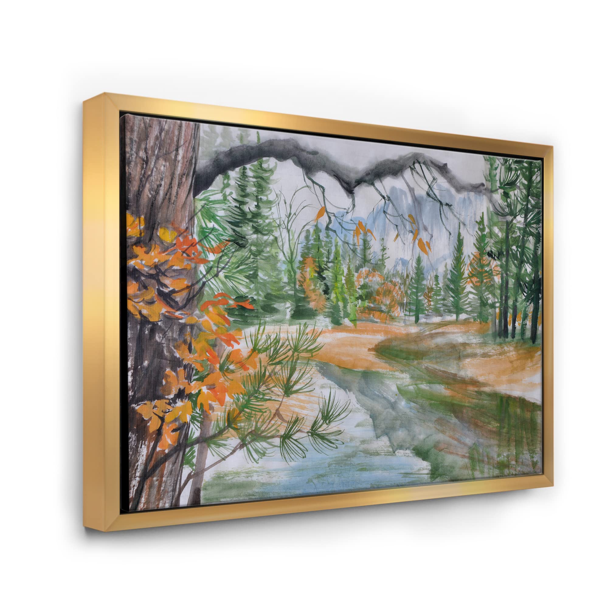 DesignQ Autumn Forest River with Trees - Framed Canvas Wall Art Print for Lake House Decor, Living Room, Bedroom & Office