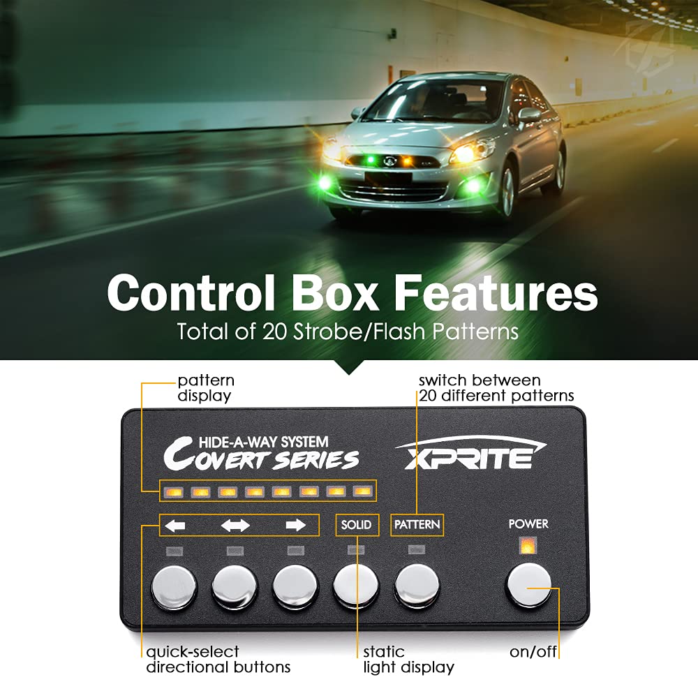 Xprite Amber Green LED Hideaway Strobe Lights Kit - 20 Flashing Patterns with Control Panel for Headlights, Taillights & Fog Lights - 8PCs Emergency Vehicle Lighting for Trucks, SUVs, Vans & Cars - Perfect for Roadside Emergencies, Construction Zones & Security Vehicles