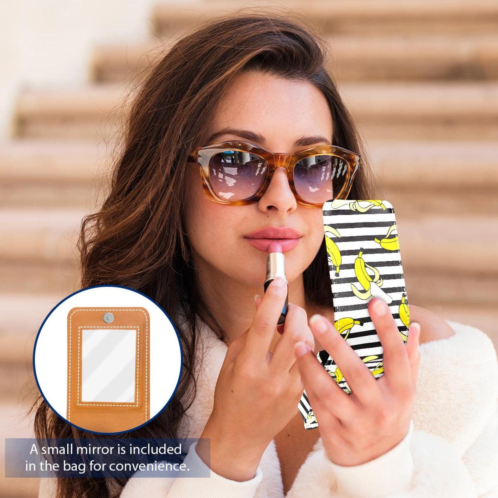 Personalized Lipstick Case - Portable Makeup Bag & Cosmetic Pouch Organizer with Banana Print on Black & White Stripes - Perfect for Travel, Home Storage & Gift Giving
