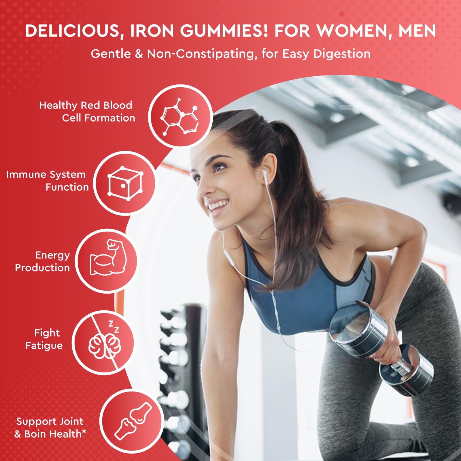 Iron Gummies for Adults & Kids - with Calcium, Zinc, Folate & Vitamins B12, C, B6 - Blood Builder & Energy Support for Iron Deficiency & Anemia - Vegan Supplement - 60 Chewable Gummies - Perfect for Daily Nutrition & Immune Support at Home, Work or Travel