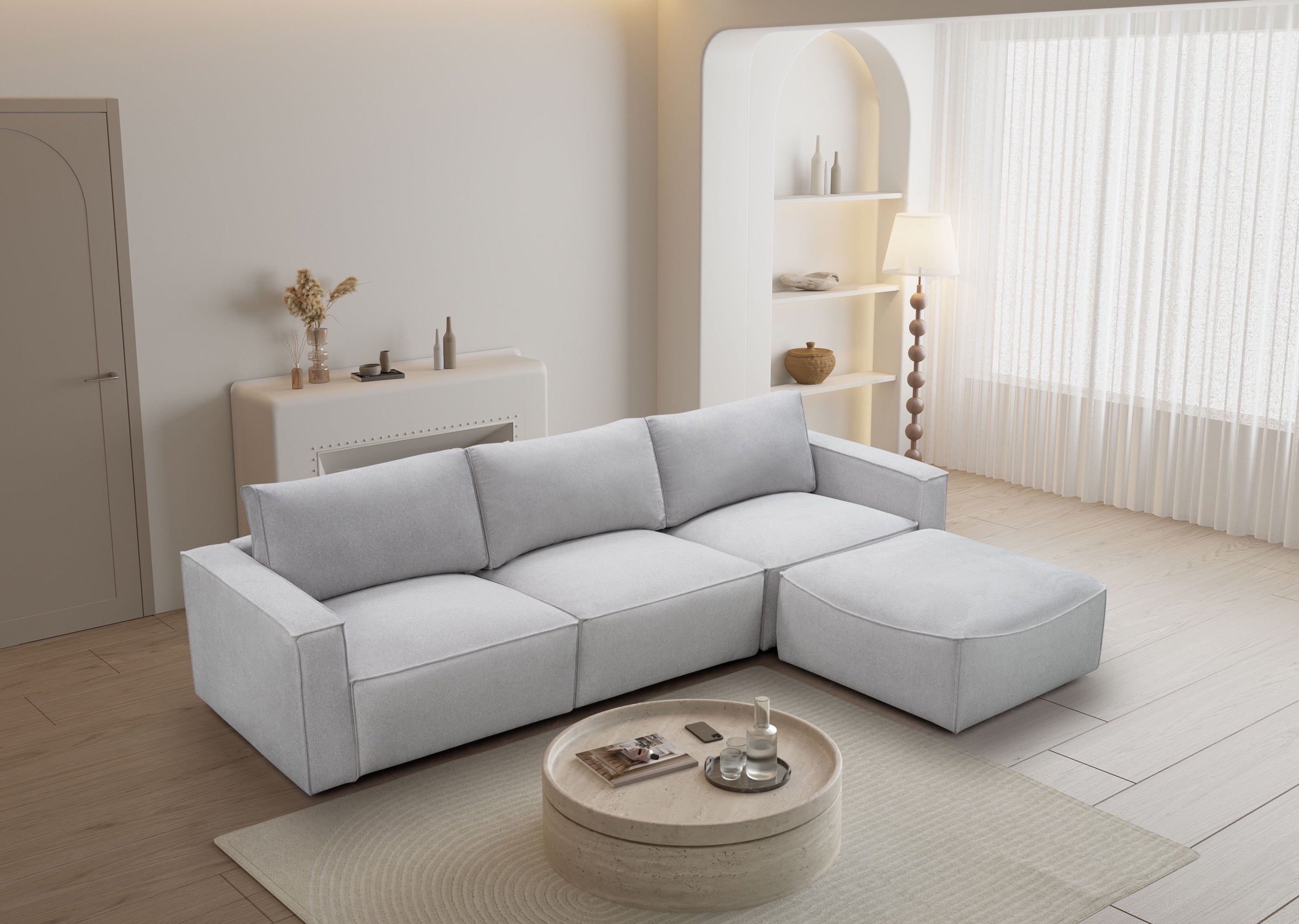 Maui 3-Seater Sofa with Ottoman - Premium Elk Stone Fabric - Modern Living Room Furniture for Home & Office Comfort