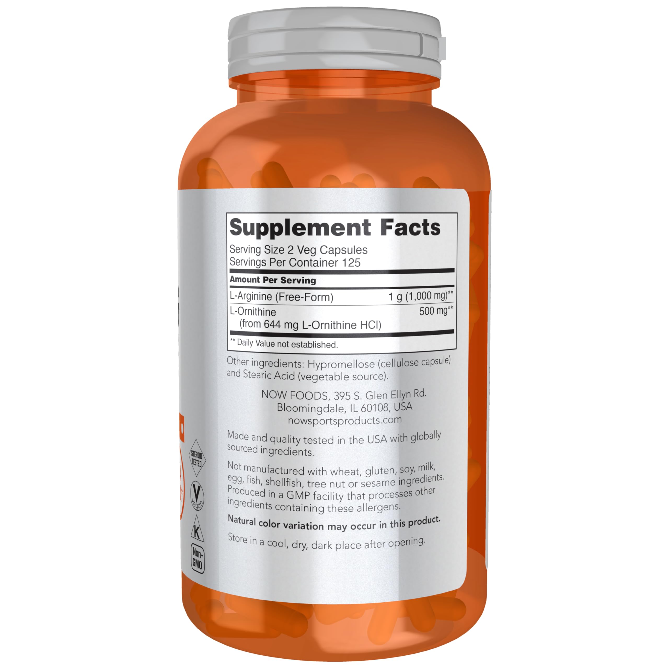 NOW Foods Sports Nutrition - Arginine & Ornithine 500/250 mg Amino Acid Supplement | 250 Vegetarian Capsules | Supports Muscle Recovery & Athletic Performance | Pre-Workout & Post-Workout Use