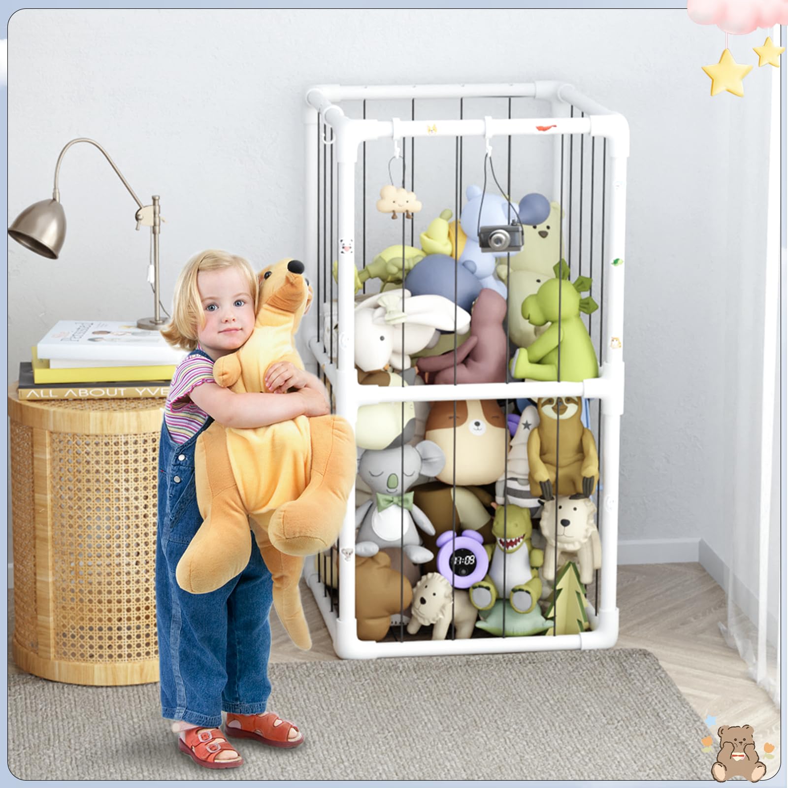 Soft Plush Toy Storage Organizer with Nets - Kids Stuffed Animal Zoo Holder Standing Shelf for Playroom & Nursery Decor - Durable Thick Tube Design for Toy Box & Room Organization