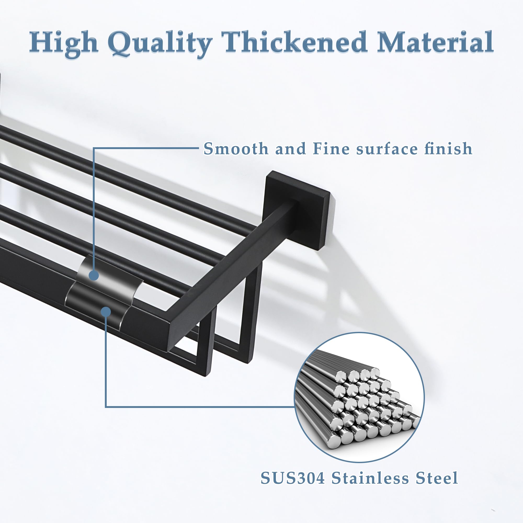 16 Inch Stainless Steel Towel Rack for Bathroom - Wall Mounted Double Towel Bars, Heavy Duty SUS 304 Hand Towel Holder in Matte Black - Perfect for Bathroom, Kitchen, and Laundry Room Organization