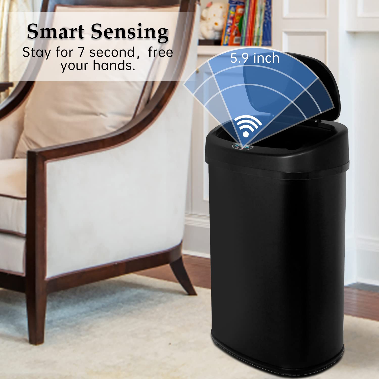 Stainless Steel 13 Gallon Automatic Touchless Trash Can with Lid - Large Capacity Garbage Bin for Kitchen, Home & Office (Black) | Perfect for Hands-Free Waste Disposal in Modern Spaces