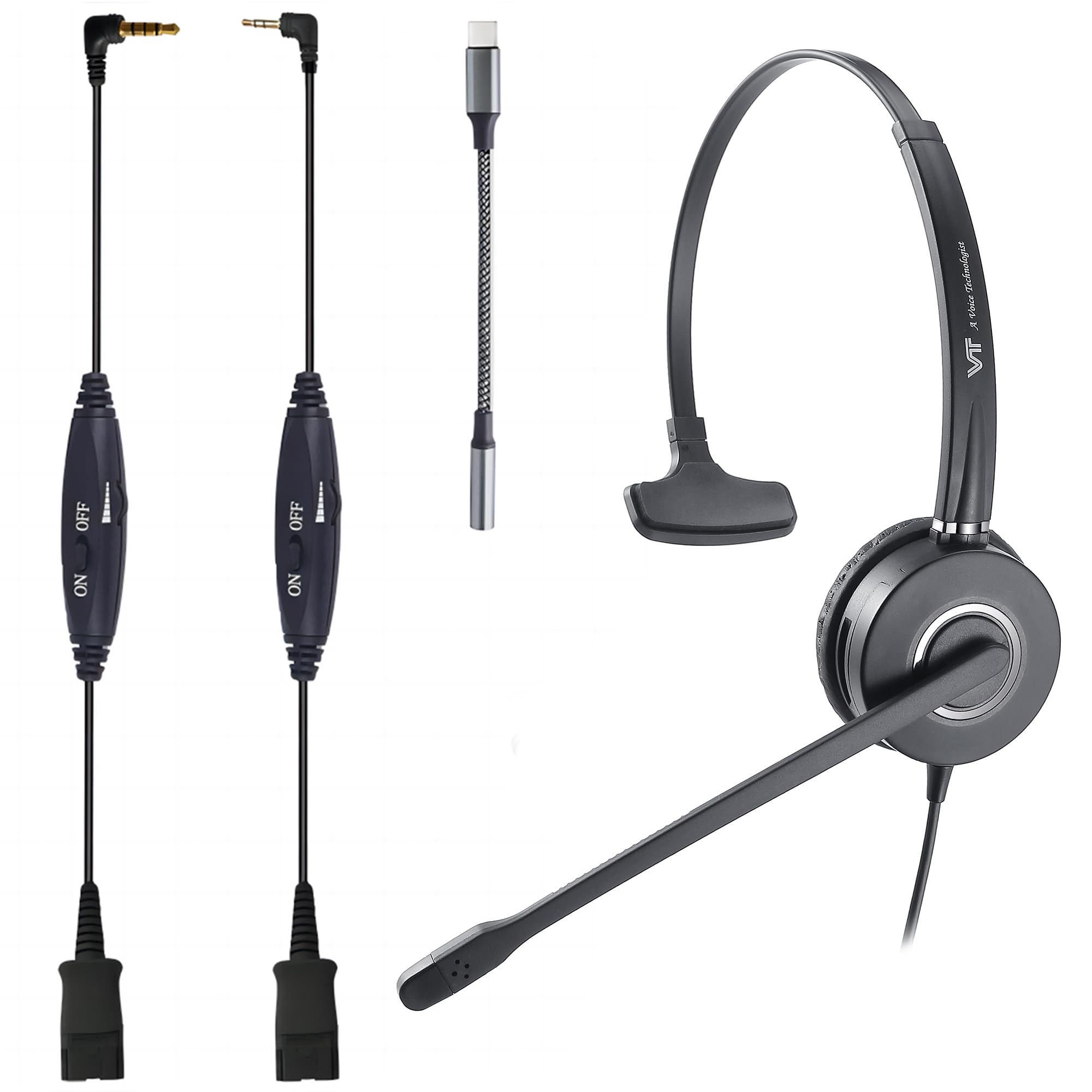 QD Mono Headset with 3.5mm Jack & USB-C Adapter - Compatible with PC, Cellphone, Tablet, Panasonic, Cisco, AT&T, Polycom, Grandstream IP Phones - Mute & Volume Control - Perfect for Office Calls, Remote Work, and Customer Service