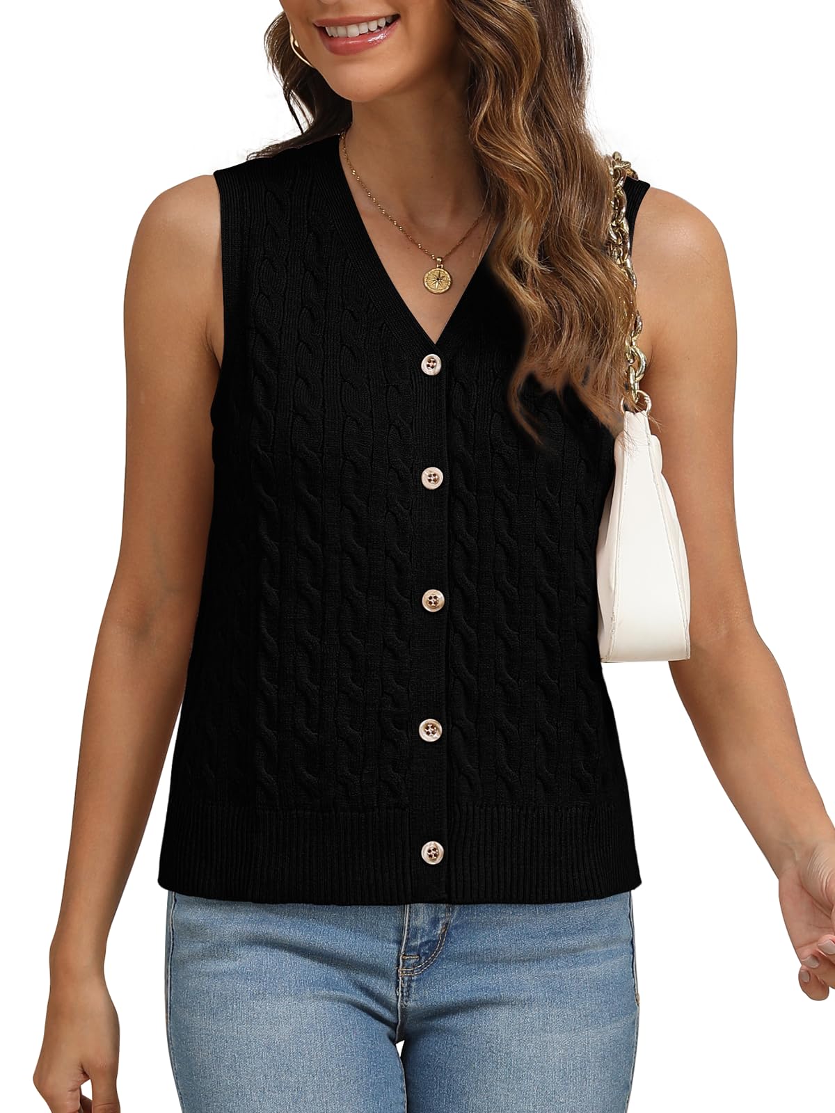 WIHOLL Women's Cable Knit Sweater Vest - Cropped Sleeveless Cardigan with Buttons | Fall & Winter Fashion 2024 | Perfect for Layering, Office Wear & Casual Outfits