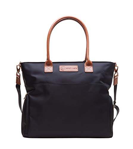 Sarah Wells Abby Breast Pump Bag with Genuine Leather Straps - Stylish & Functional Diaper Bag for Nursing Moms, Perfect for Work, Travel & On-the-Go Pumping (Black)