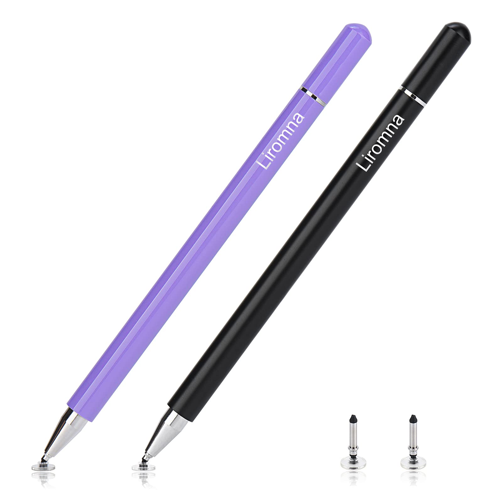 Liromna Magnetic Cap Disc Stylus Pen (2 Pack) for iPad, iPhone, Pro, Mini, Air, Android & Microsoft Surface - Universal Touch Screen Compatible - Black & Purple - Perfect for Drawing, Note-Taking & Digital Signatures