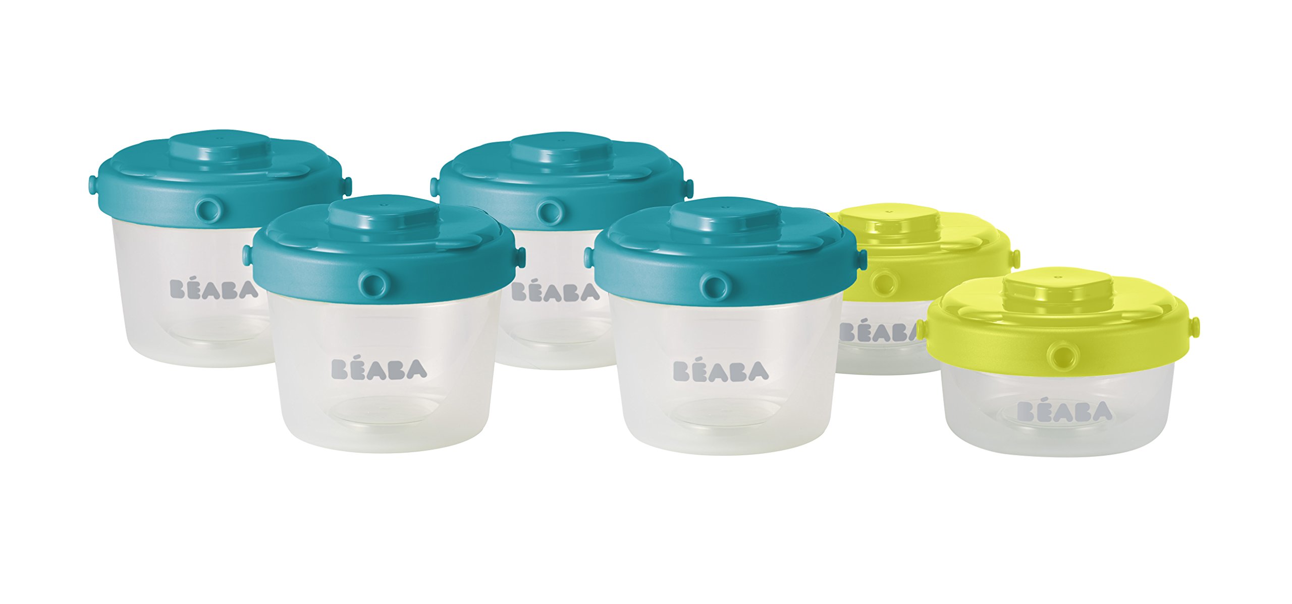 BEABA Clip Containers Set of 6 - 2oz & 4oz Airtight Food Storage Containers for Snacks, Baby Food, and Meal Prep - Perfect for On-the-Go, Lunch Boxes, and Pantry Organization (Peacock Color)