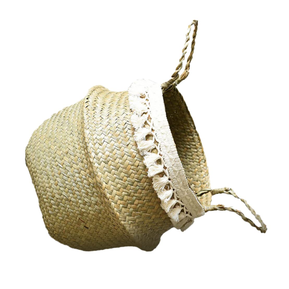 Natural Seagrass Woven Basket with Handles - Foldable Plant Pot, Home Decor Storage Organizer for Laundry, Flowers & Organizing | Stylish White Tassel Accent | Perfect for Boho Home Decor, Bathroom Storage & Nursery Organization