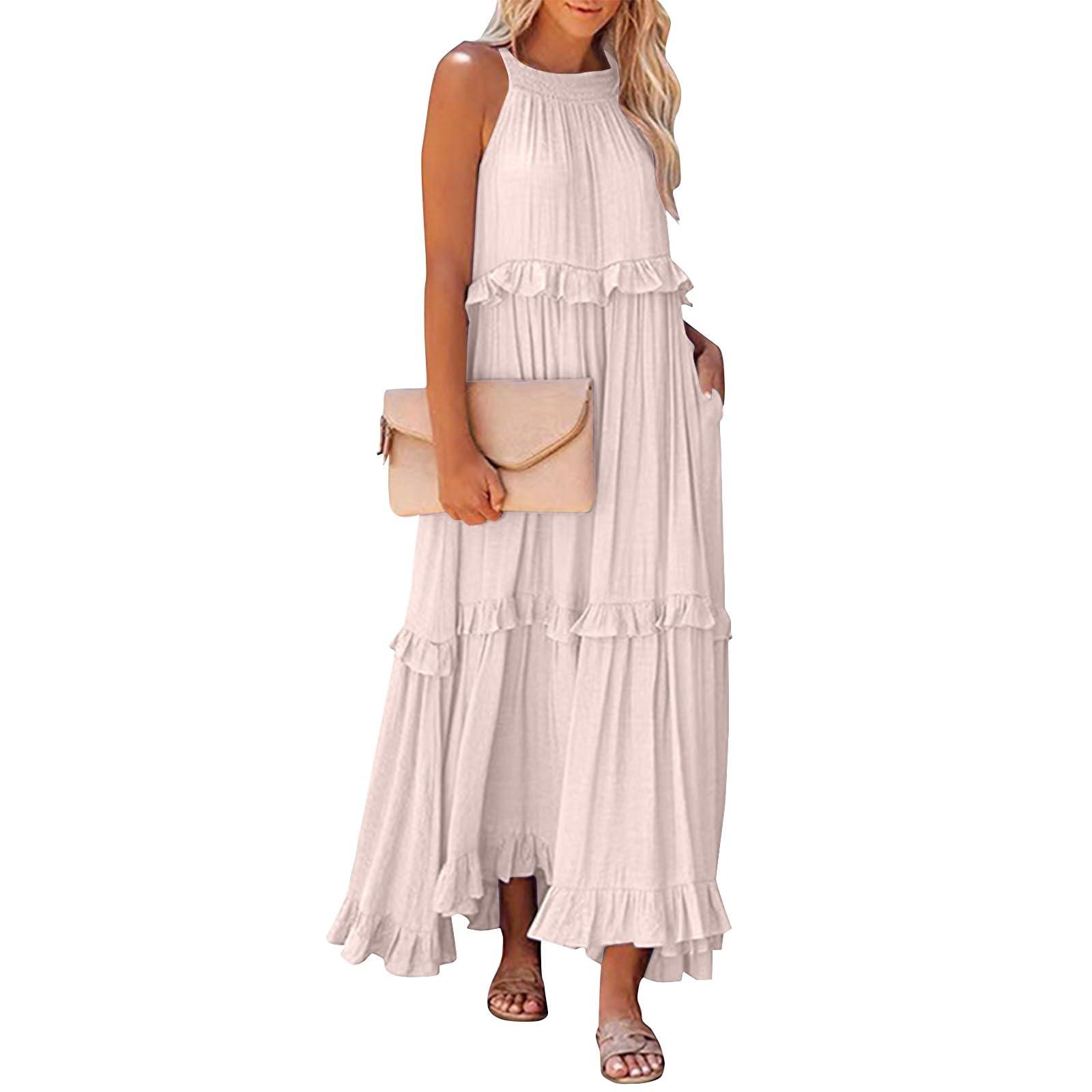 Women's Halter Neck Smocked Tiered Maxi Dress - Flowy Swing Summer Cocktail & Wedding Guest Dress with Pockets | Beach Party, Garden Wedding, Formal Occasions