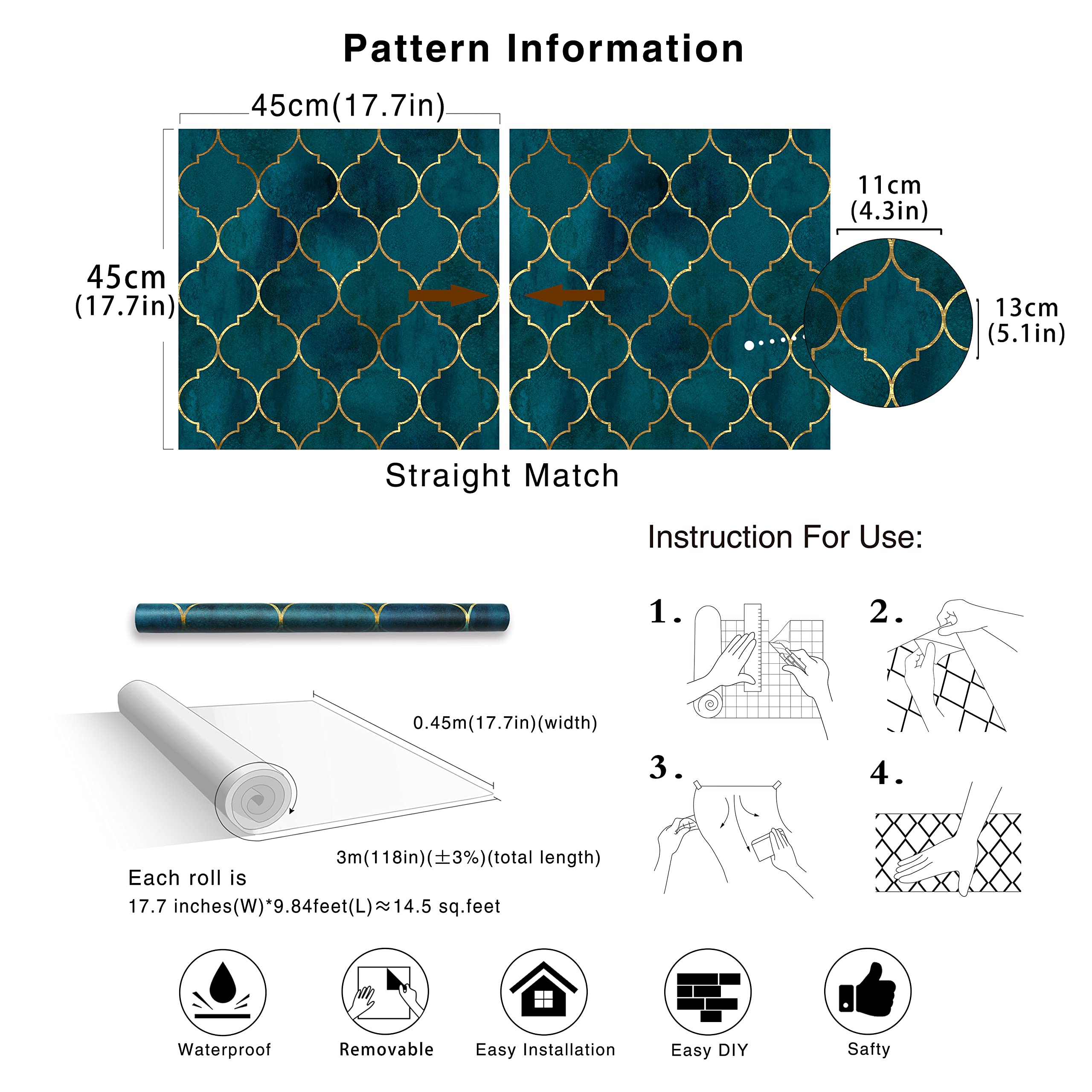 HaokHome Peel and Stick Wallpaper - Self-Adhesive Removable Wallpaper for Home & Bathroom Decor (17.7x118 inches) - Trellis Pattern in Emerald Green, Sapphire Blue & Gold - Perfect for Accent Walls, Nursery, Kitchen Backsplash & Rental Apartment Makeovers