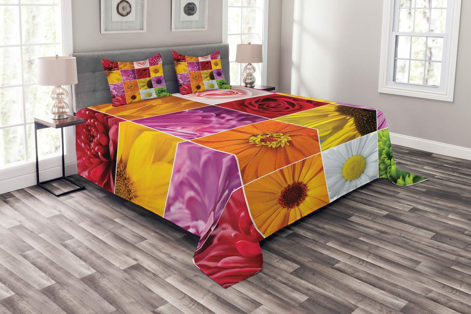 Ambesonne 3-Piece King Size Floral Bedspread Set with 2 Pillow Shams - Chrysanthemum Rose Sunflower Violet Colorful Flowers Design in Orange Yellow Pink - Perfect for Romantic Bedroom Decor, Bridal Suite, or Boho Chic Home Styling
