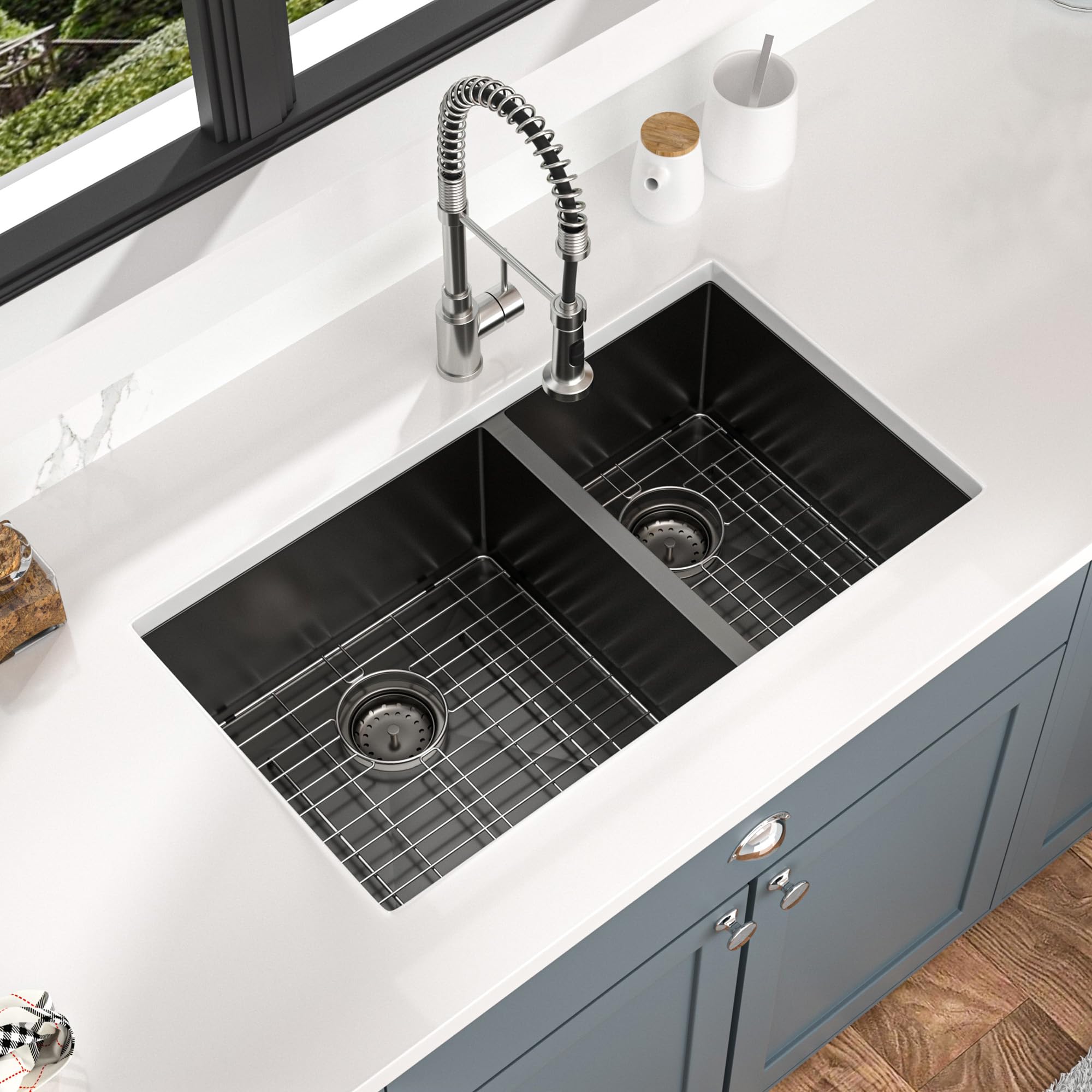 Mocoloo 33 Inch Undermount Double Bowl Kitchen Sink - 60/40 Split, Nano Gunmetal Black, 16 Gauge Stainless Steel, Handmade (33