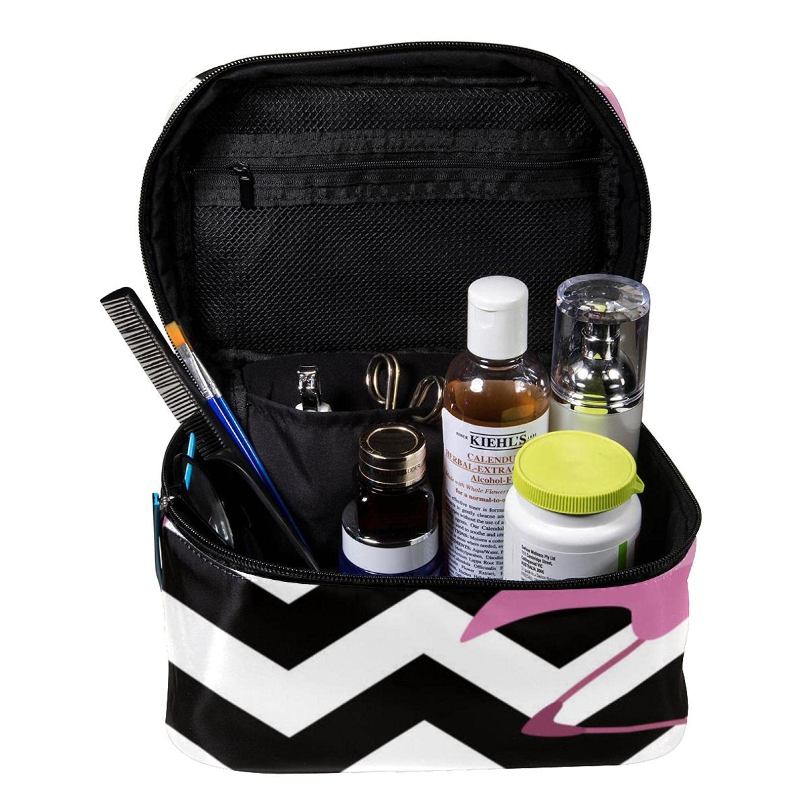 Stylish Pink Flamingo & Chevron Zigzag Large Travel Makeup Bag - Waterproof Cosmetic Organizer with Zipper for Women & Girls | Perfect for Vacations, Gym, Beach Trips & Daily Essentials