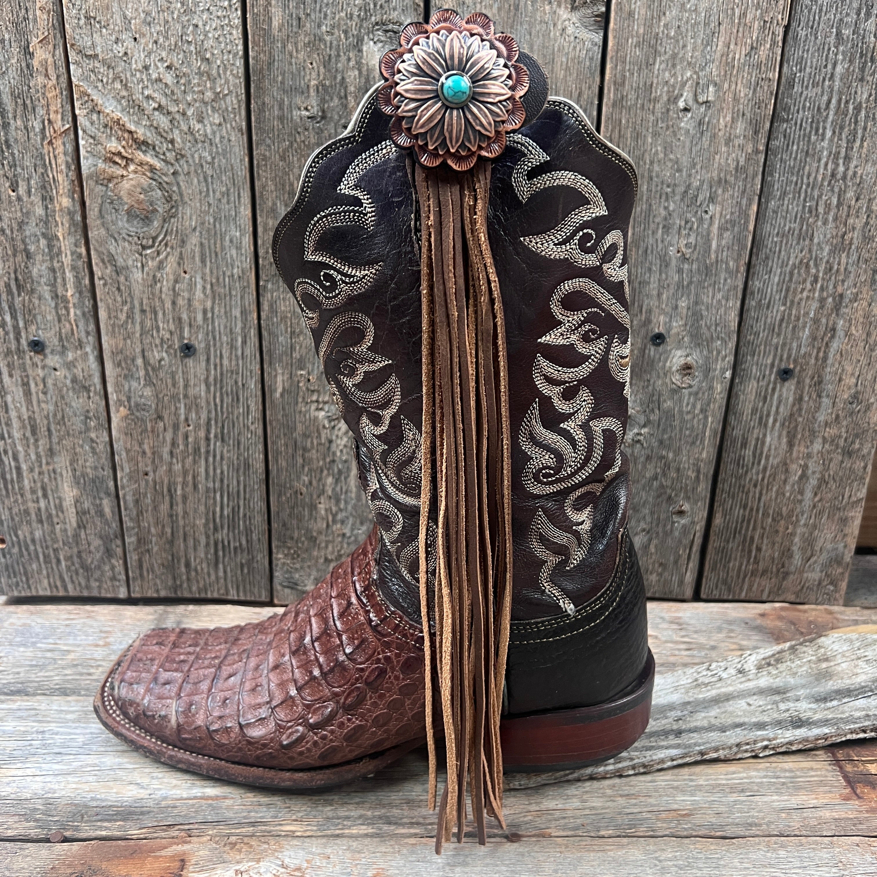 Boot Cuff Jewelry - Copper Turquoise Flower Concho with Fringe | Western Style Ankle Boot Accessories for Cowgirl Fashion & Country Music Festivals