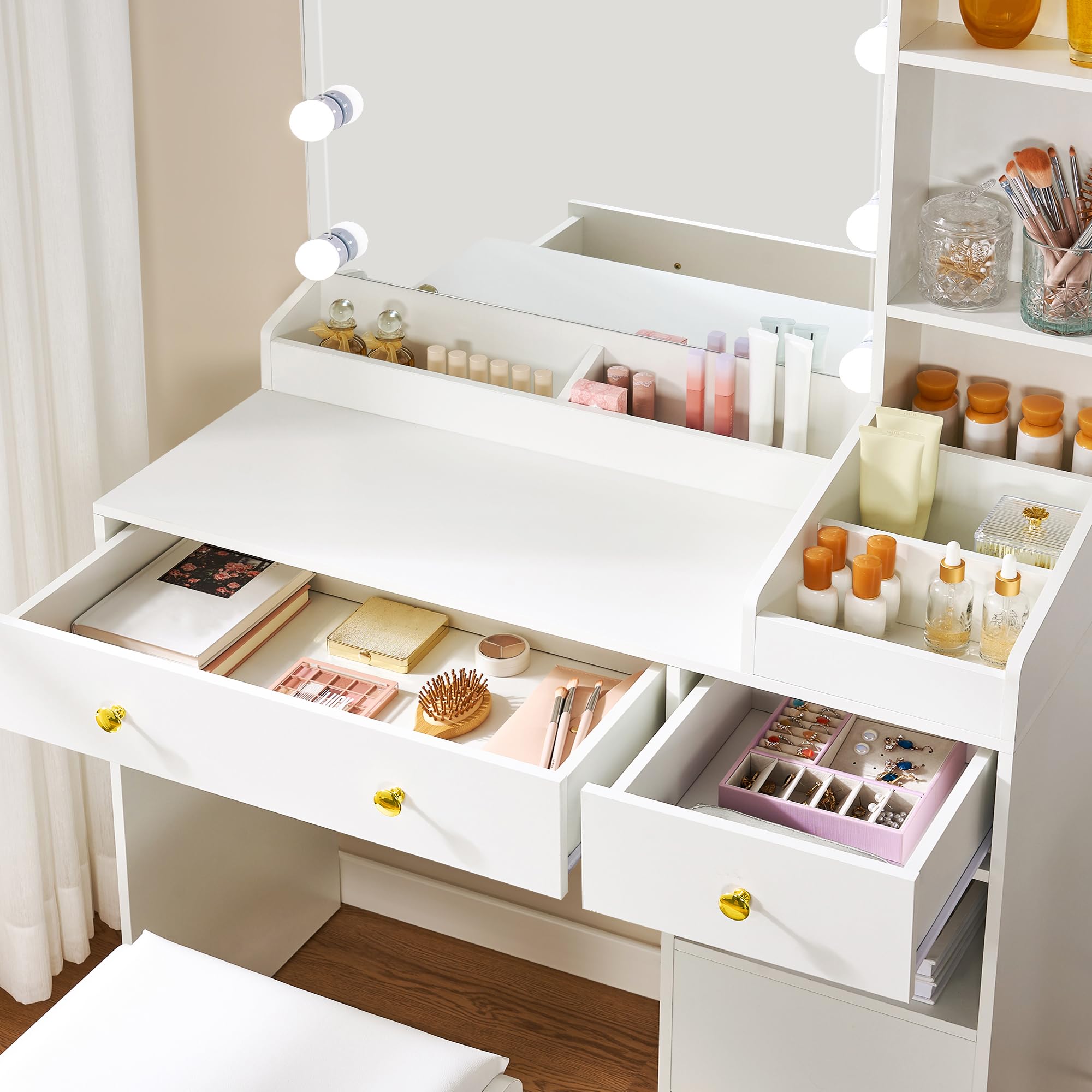 ANWBROAD White Vanity Desk with Mirror & LED Lights - Makeup Vanity Set with 12 Storage Compartments, 5 Desktop Organizers & Built-in Power Outlet - 3 Lighting Modes & Adjustable Brightness - Modern Dressing Table for Bedroom, Home Salon & Makeup Studio (Model UBDT72W)