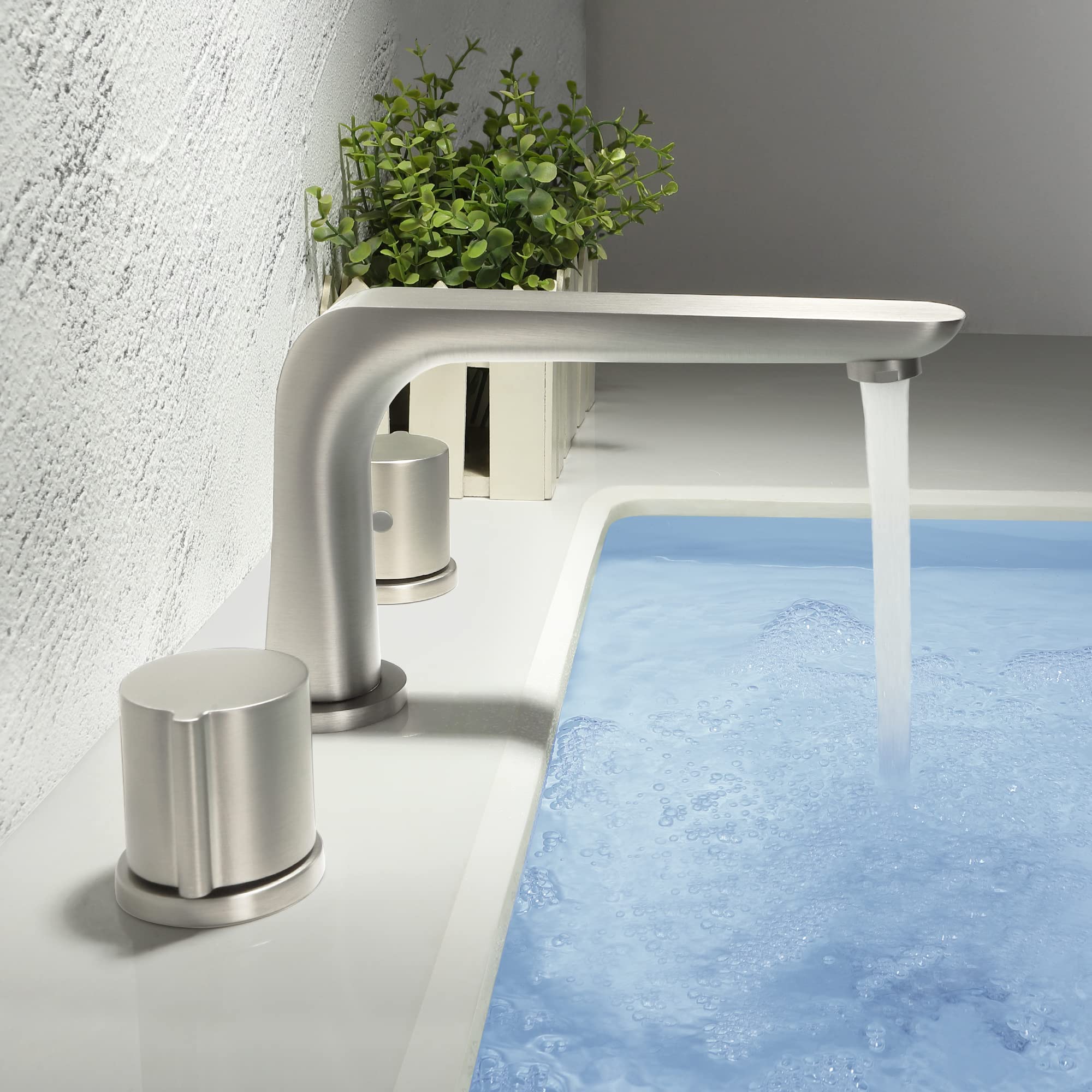 SKOWLL Brushed Nickel 3-Hole Widespread Bathroom Faucet - 2-Handle Deck Mount Vanity Sink Faucet with 360° Swivel Spout for Bathroom & Powder Room Sink Installation