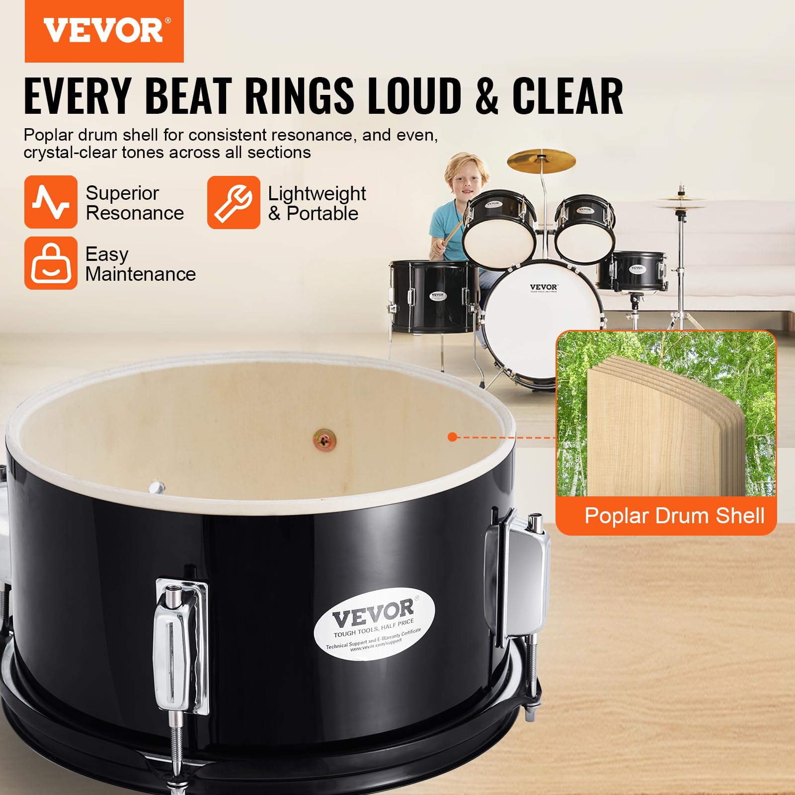 VEVOR 5-Piece Junior Drum Set for Kids & Beginners - 16 Inch Adjustable Drum Kit with Throne, Sticks, Cymbal, Pedal, Tom Snare Bass - Perfect Starter Drumset for Children's Music Practice & Home Play (Black)