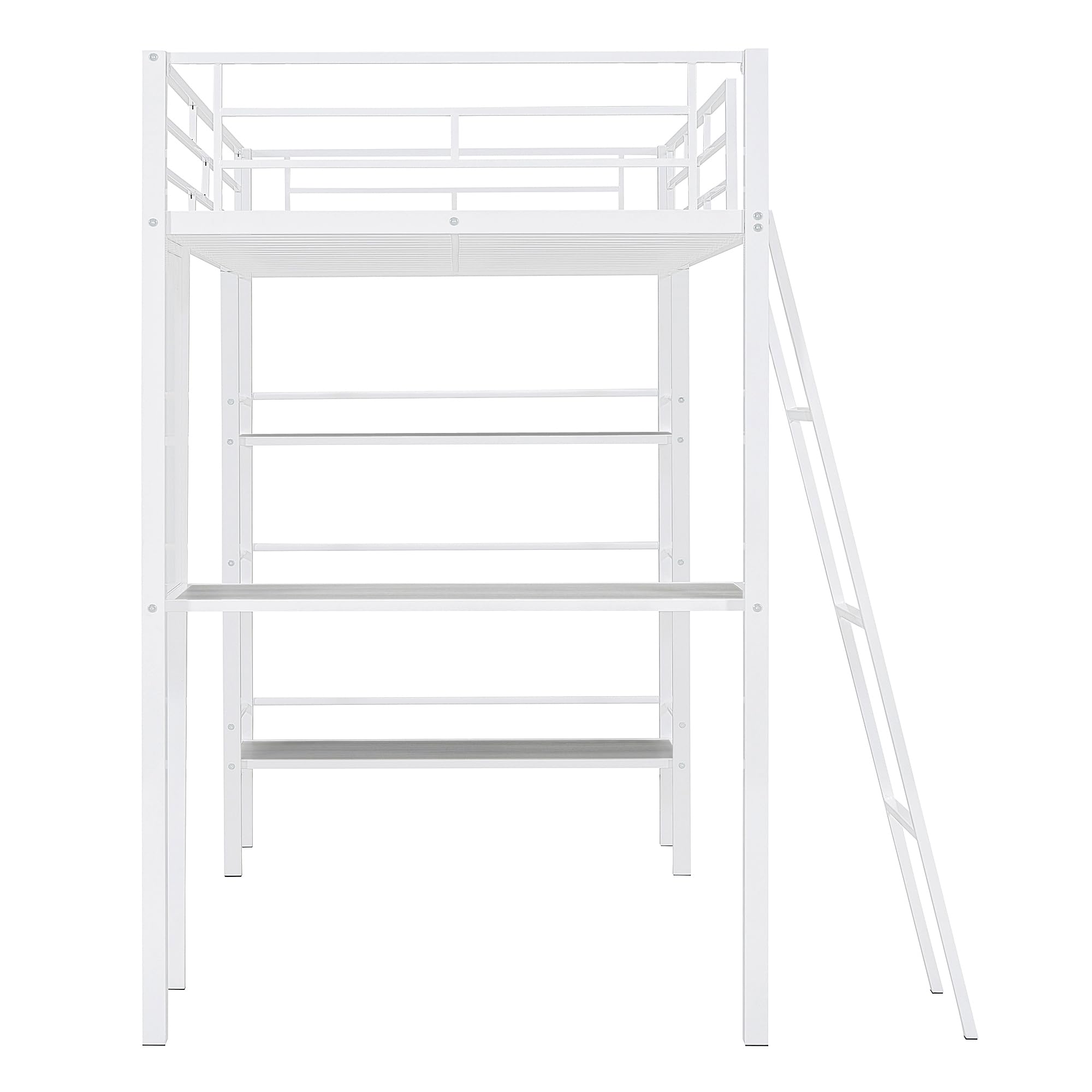 BOVZA Twin Size Loft Bed with Study Desk, Whiteboard & 3 Storage Shelves - Sturdy Metal Frame with Ladder & Safety Rails for Kids & Teens - Space-Saving Bedroom Solution for Small Rooms, Dorms & Apartments - White