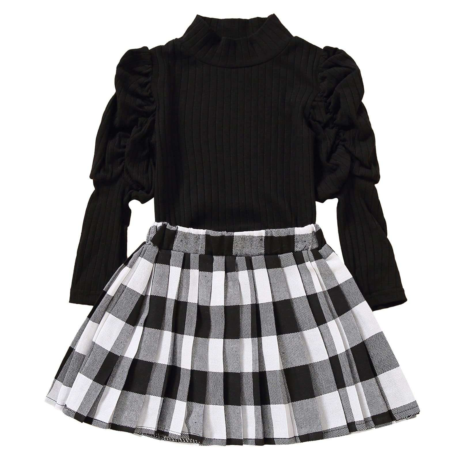 Baby Girls' Outfit - Mid-High Collar Long Sleeve Solid Color Top & Plaid Soft Pleated Skirt Set | Cute Toddler Clothes for Playdates, Parties & Family Photos