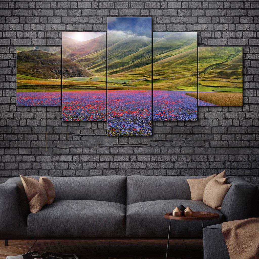 AMEMNY 5 Panel Purple Flowers Wall Art - Sunset Landscape Canvas Painting - Stretched & Framed Ready to Hang - Scenery Flower Picture for Living Room, Bedroom, Bathroom Decor | Perfect for Home, Office & Gift Giving