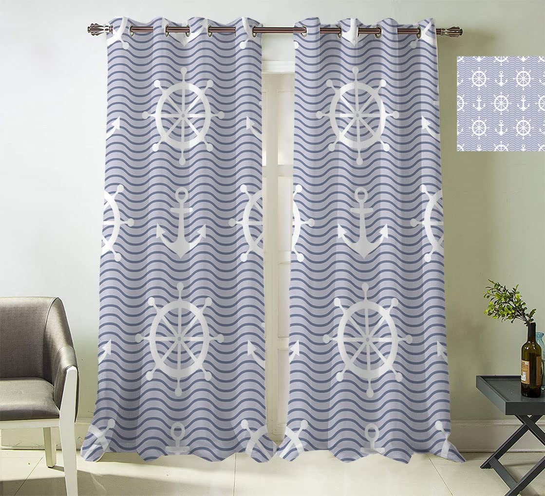 Nautical Window Curtains - Navy Blue Anchor Waves & Steering Wheel Design 96x84 Inch - Perfect for Beach House, Coastal Decor & Living Room Drapes