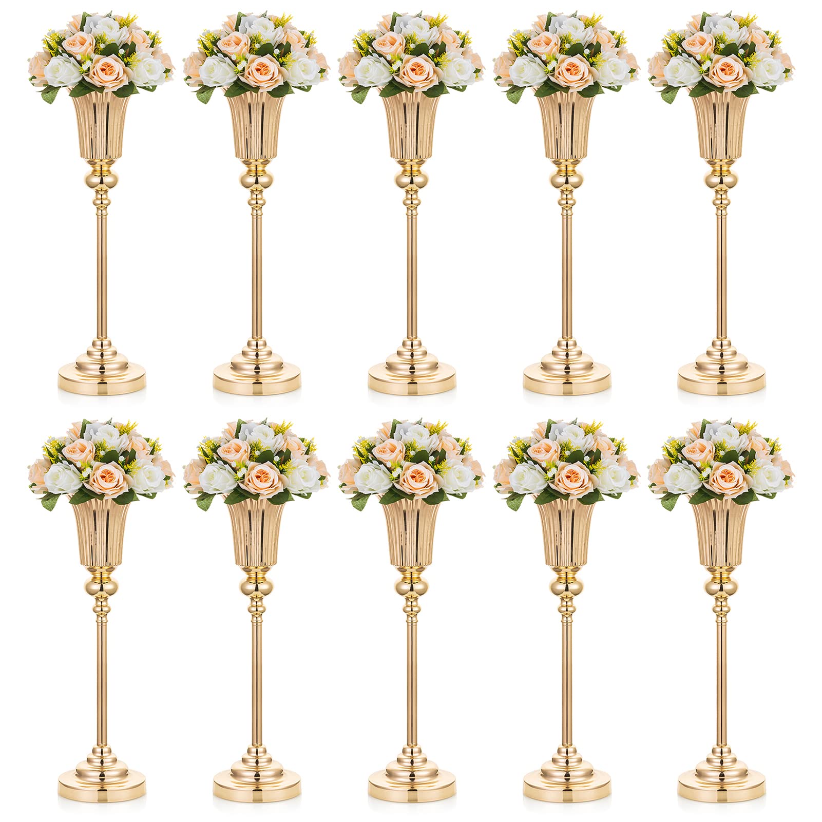 NUPTIO 10-Pack 21.5 Inch Gold Metal Trumpet Vases - Tall Wedding Centerpiece Flower Stand for Table Decorations, Party & Event Decor - Perfect for Weddings, Banquets, and Home Decor