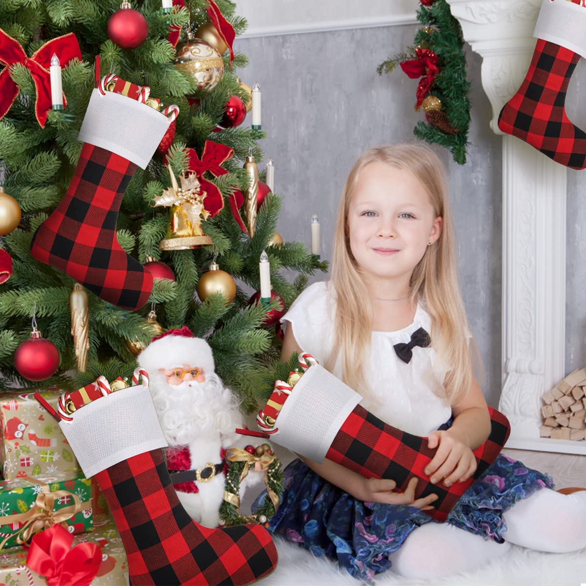 8 Pack Christmas Stockings 18 Inch - Buffalo Plaid Personalized Stockings for Family Holiday Decor, Xmas Party, Fireplace Mantel (White Cuff/Red Black Plaid) - Festive Home Decor & Gift Hanging Solution